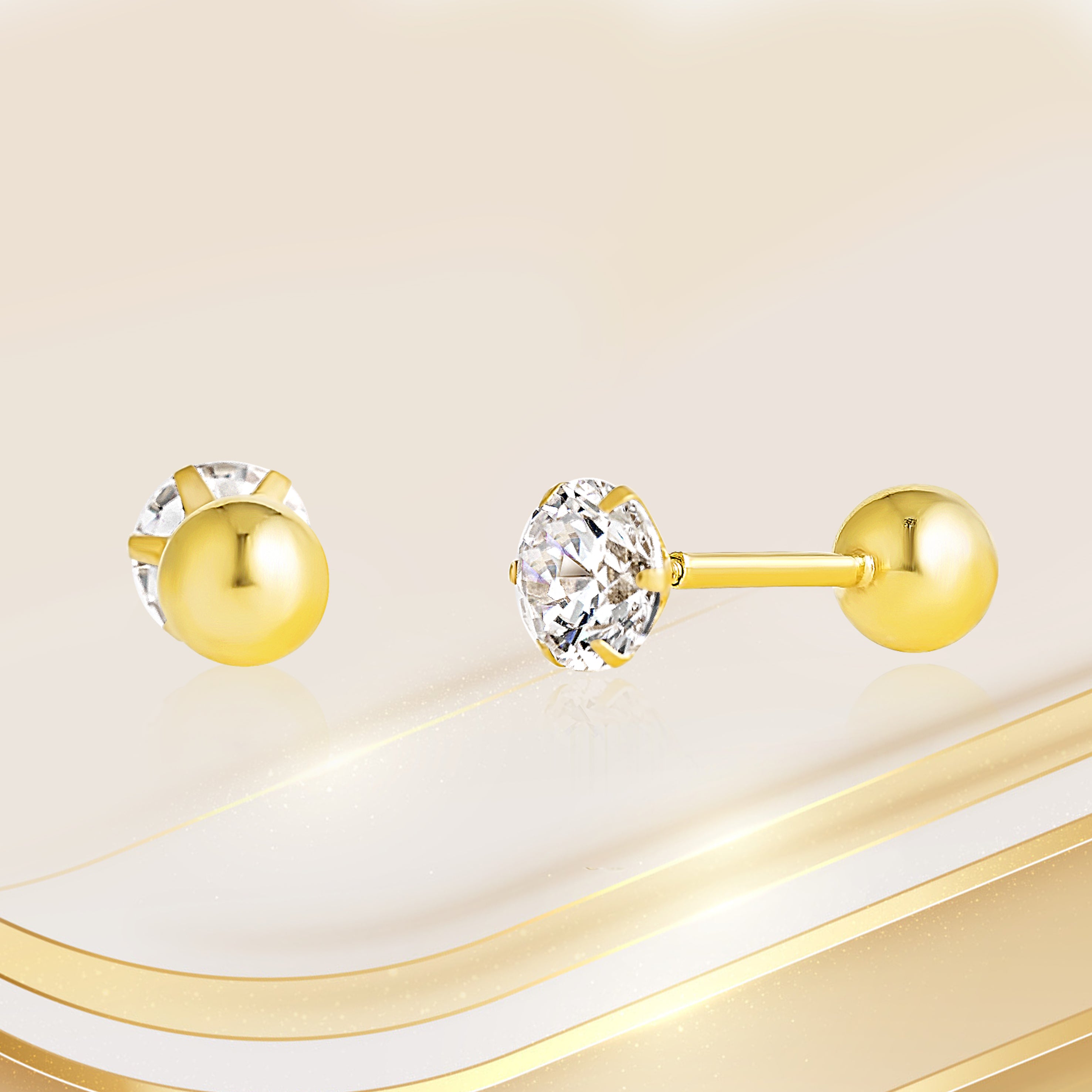 18K Pure Gold Stone Screw Earring Set