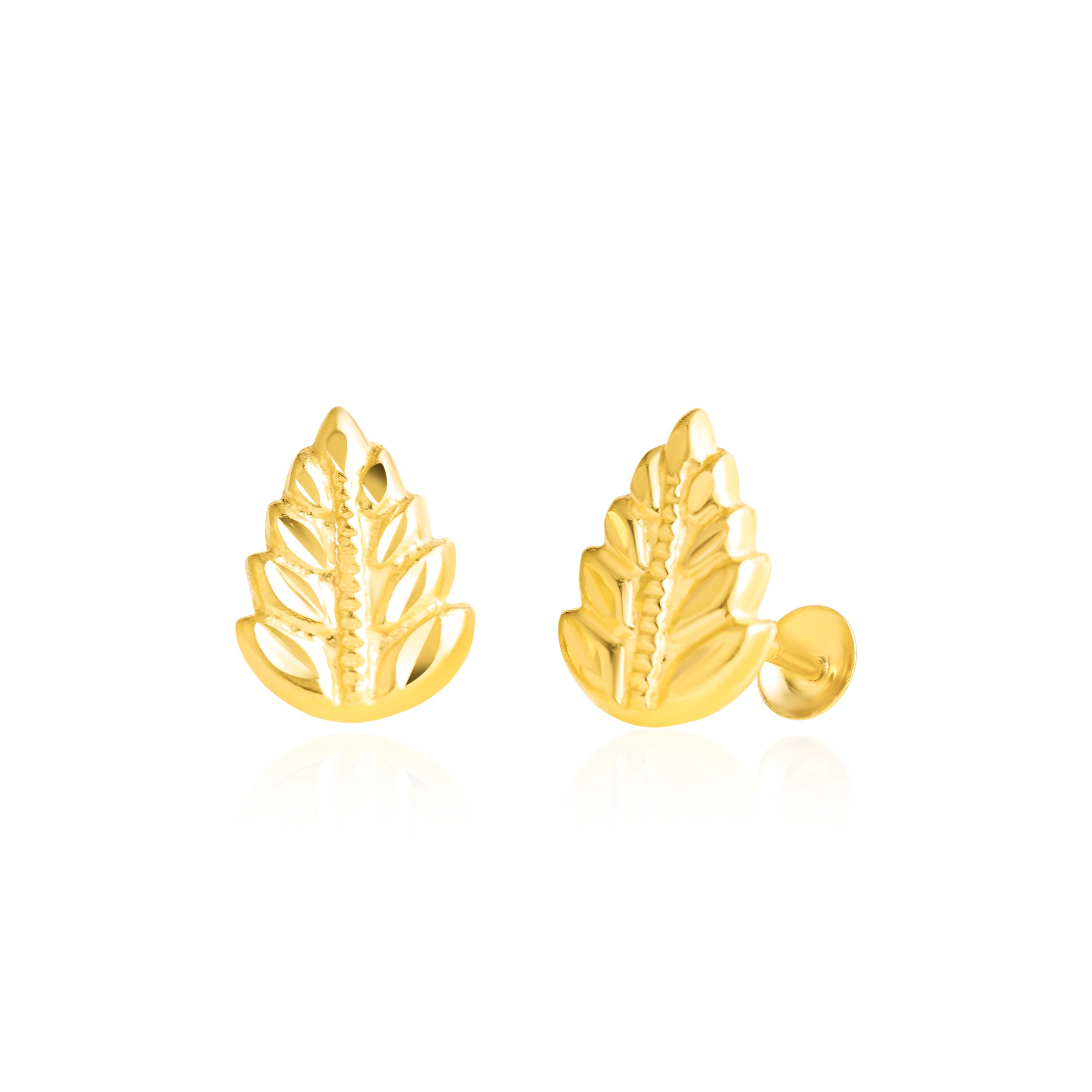 18K Pure Gold Fine Leaf Screw Earring Set