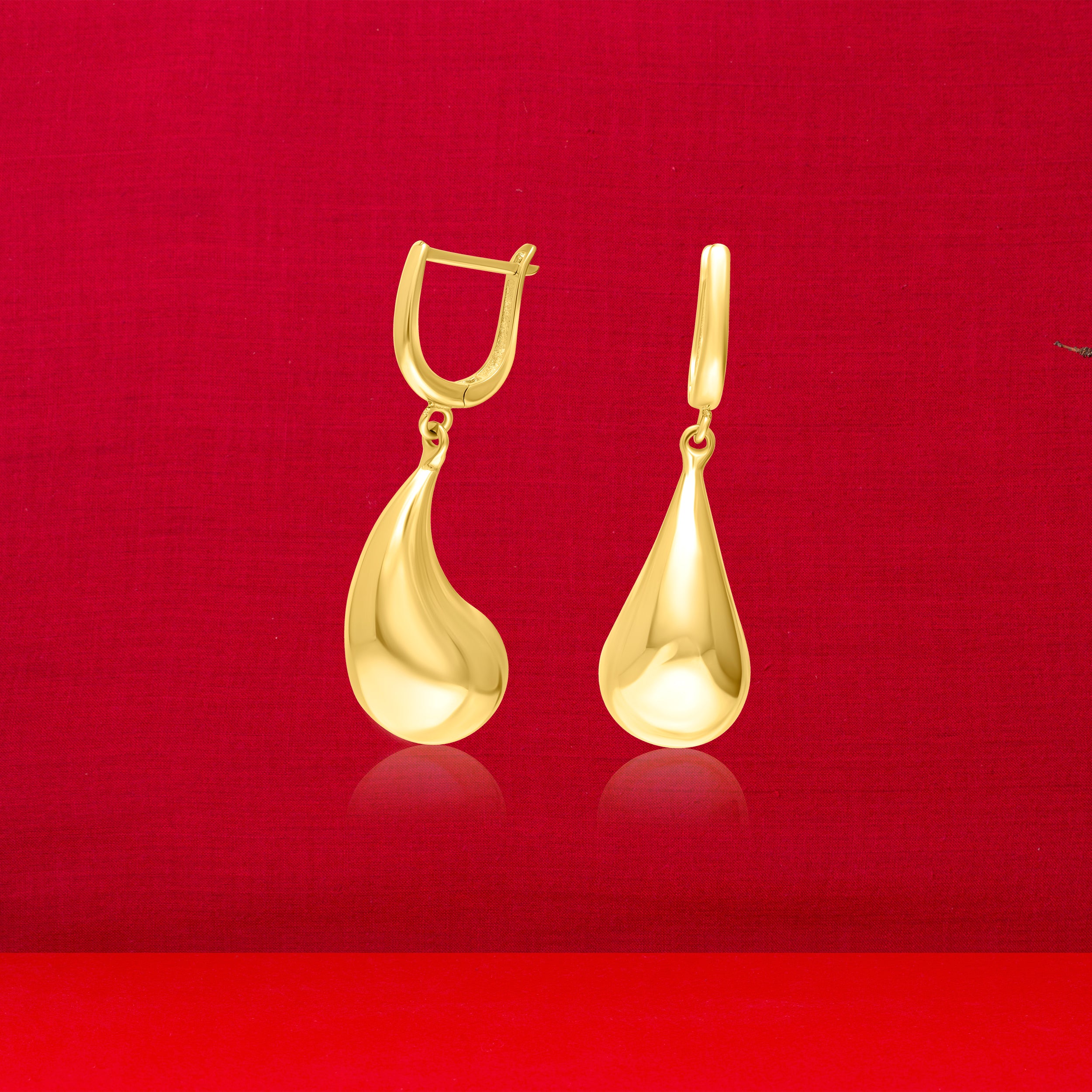 18K Pure Gold Curved Drop Hanging Earring Set