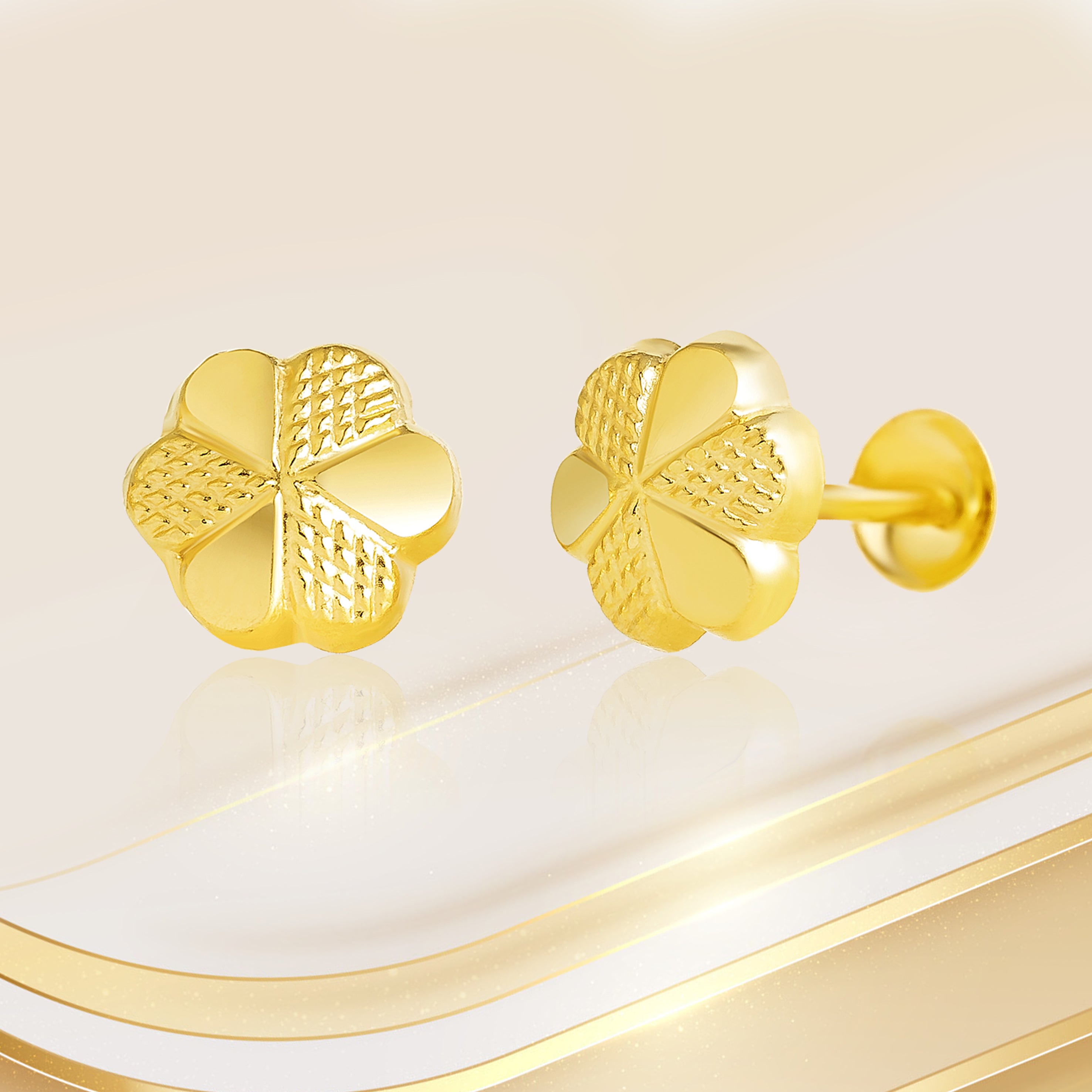 18K Pure Gold Fine Flower Screw Earring Set