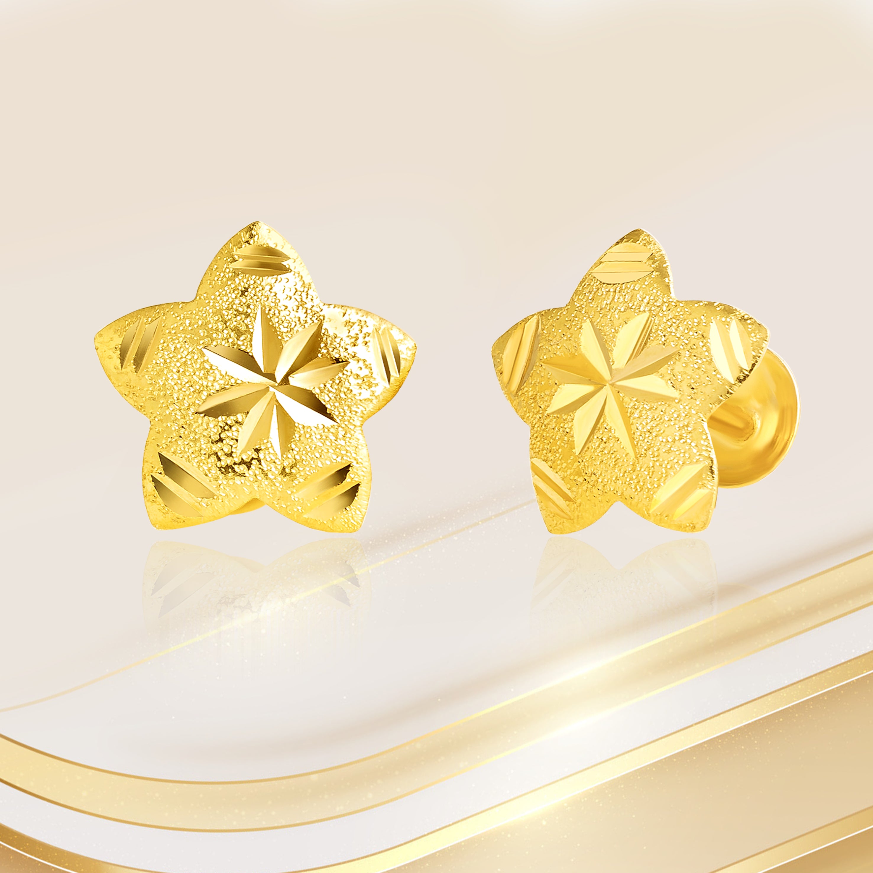 18K Pure Gold Fine Star Screw Earring Set