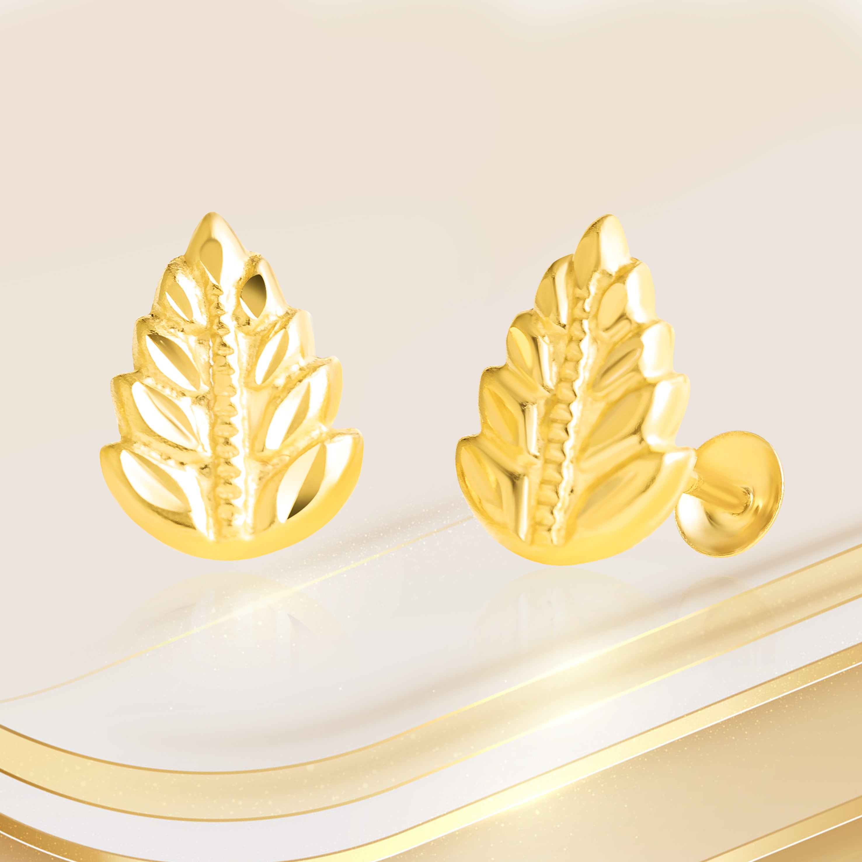 18K Pure Gold Fine Leaf Screw Earring Set