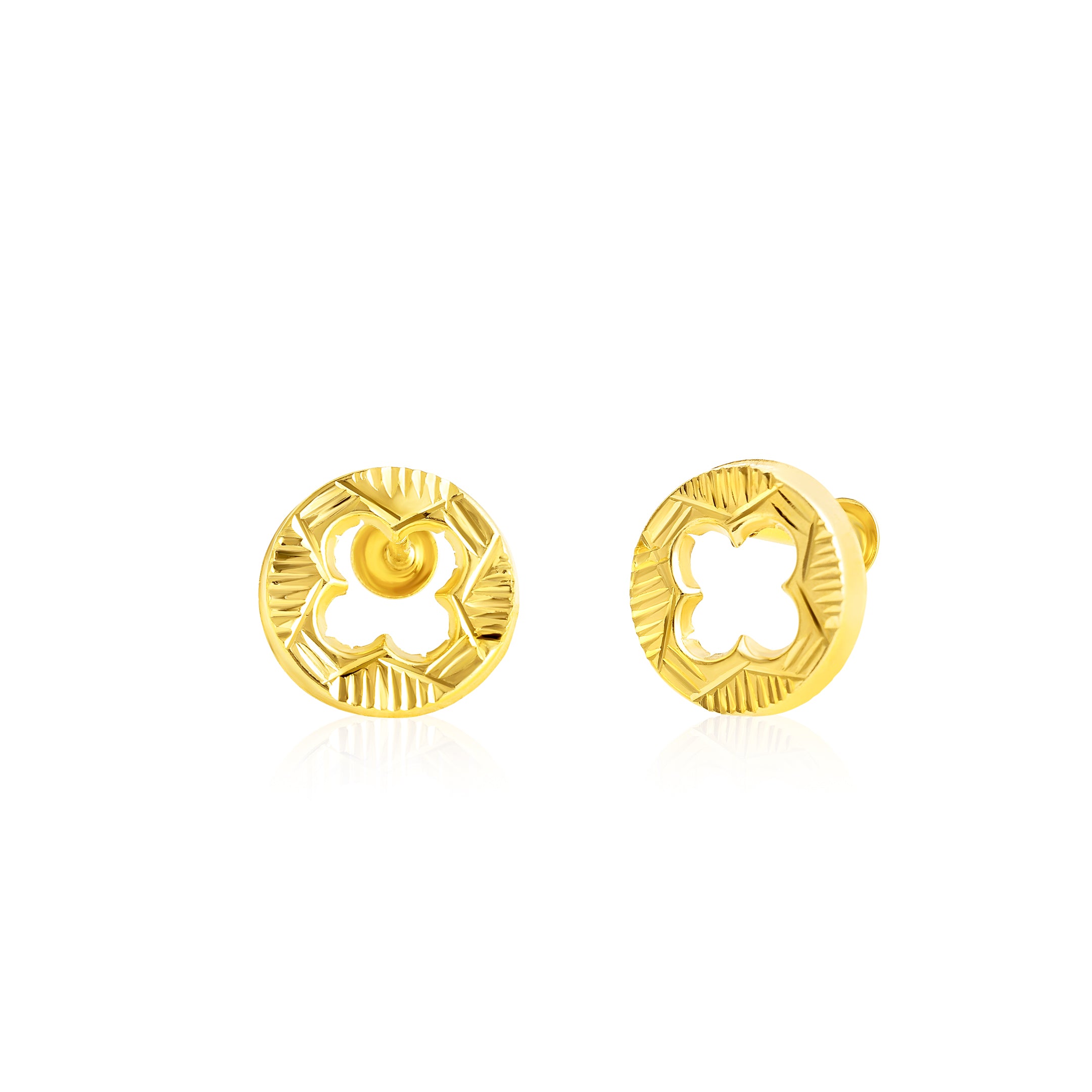 18K Pure Gold Round Hollow Flower Screw Earring Set