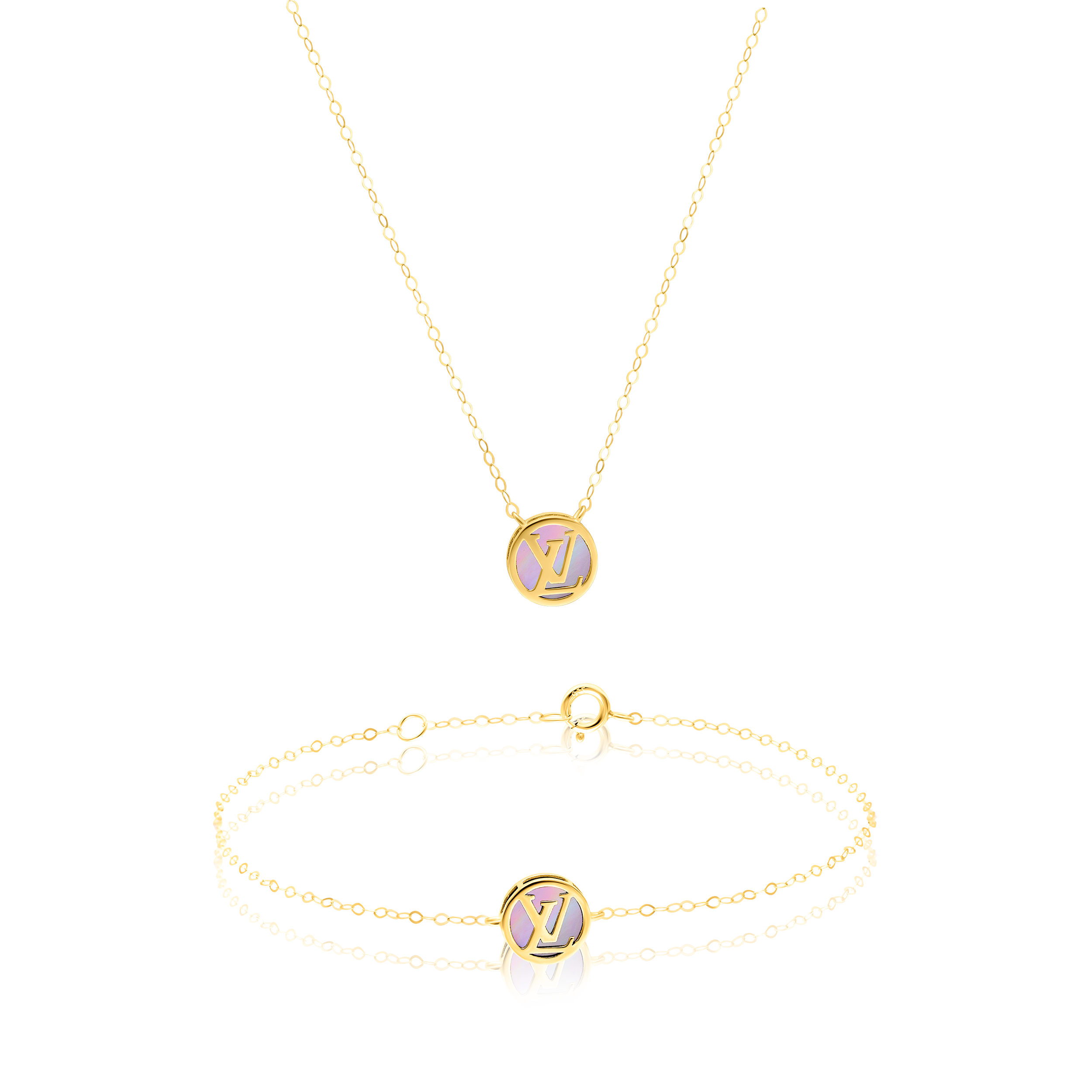 18K Pure Gold Round Pink L.V Jewelry Set Talagold