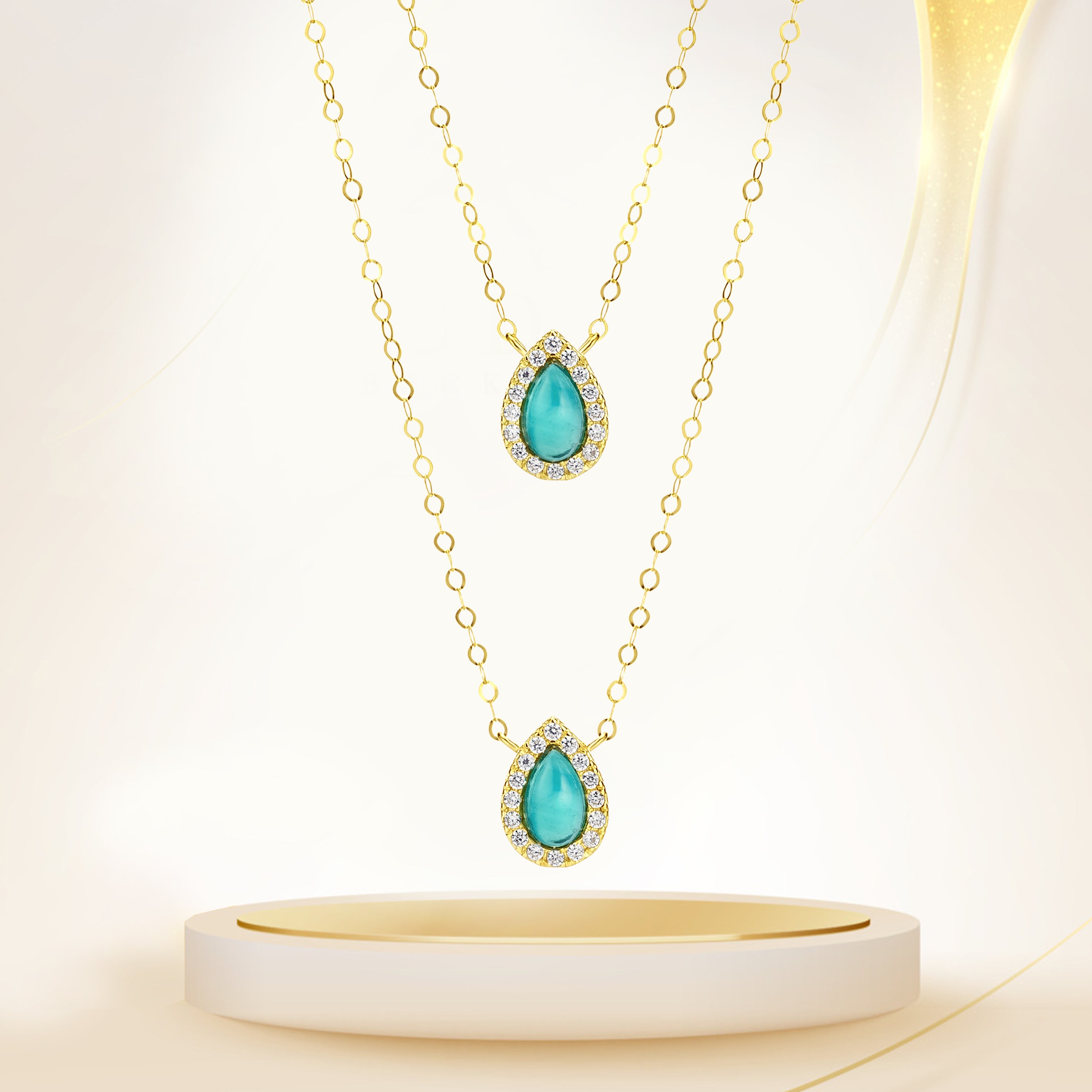 18K Pure Gold 2 Layer Sky Blue Stone Necklace