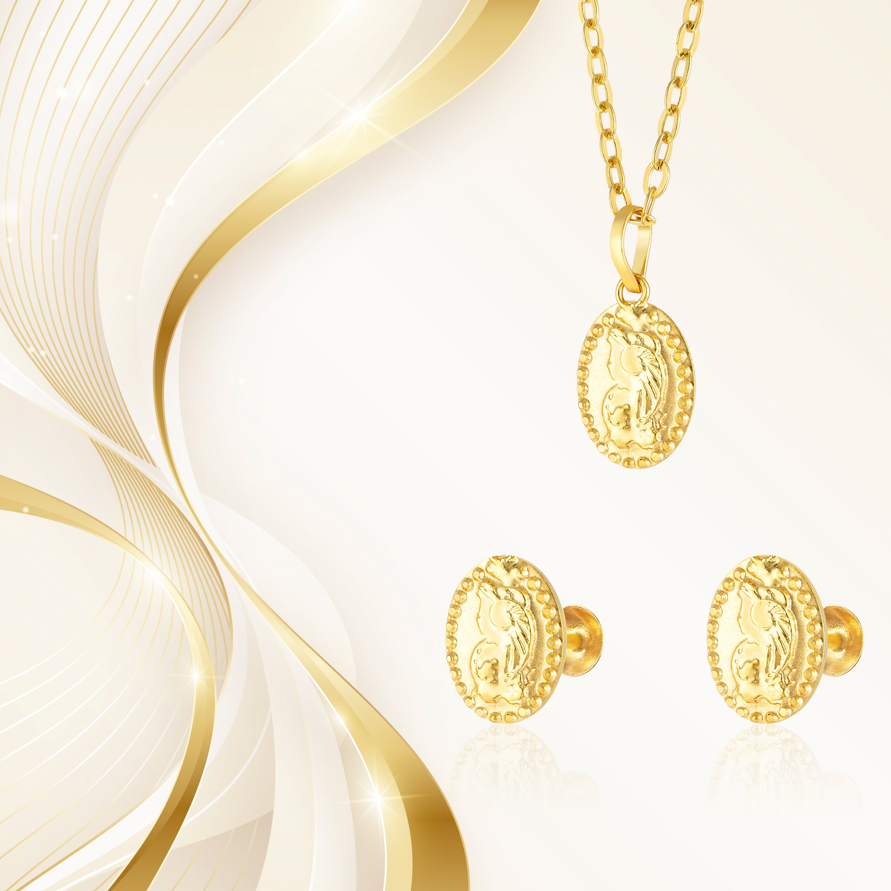 18K Pure Gold Oval Screw Jewelry Set