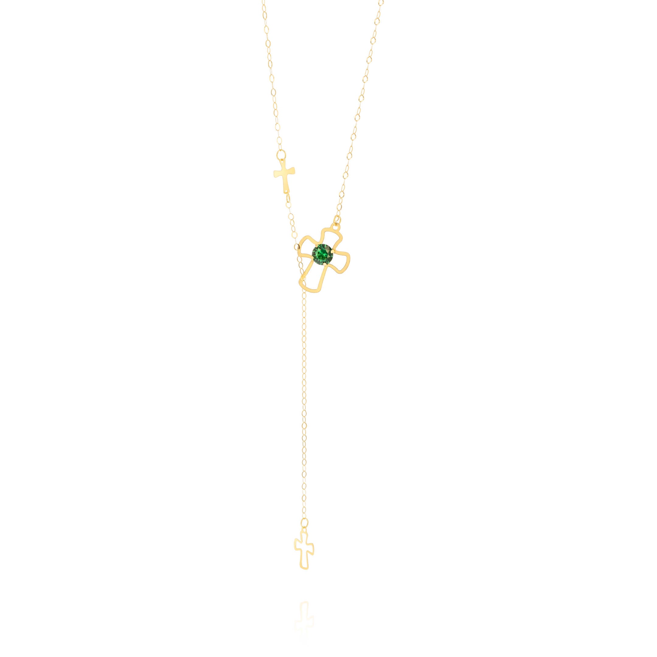18K Gold Green Stone 3 Cross Elegant Necklace