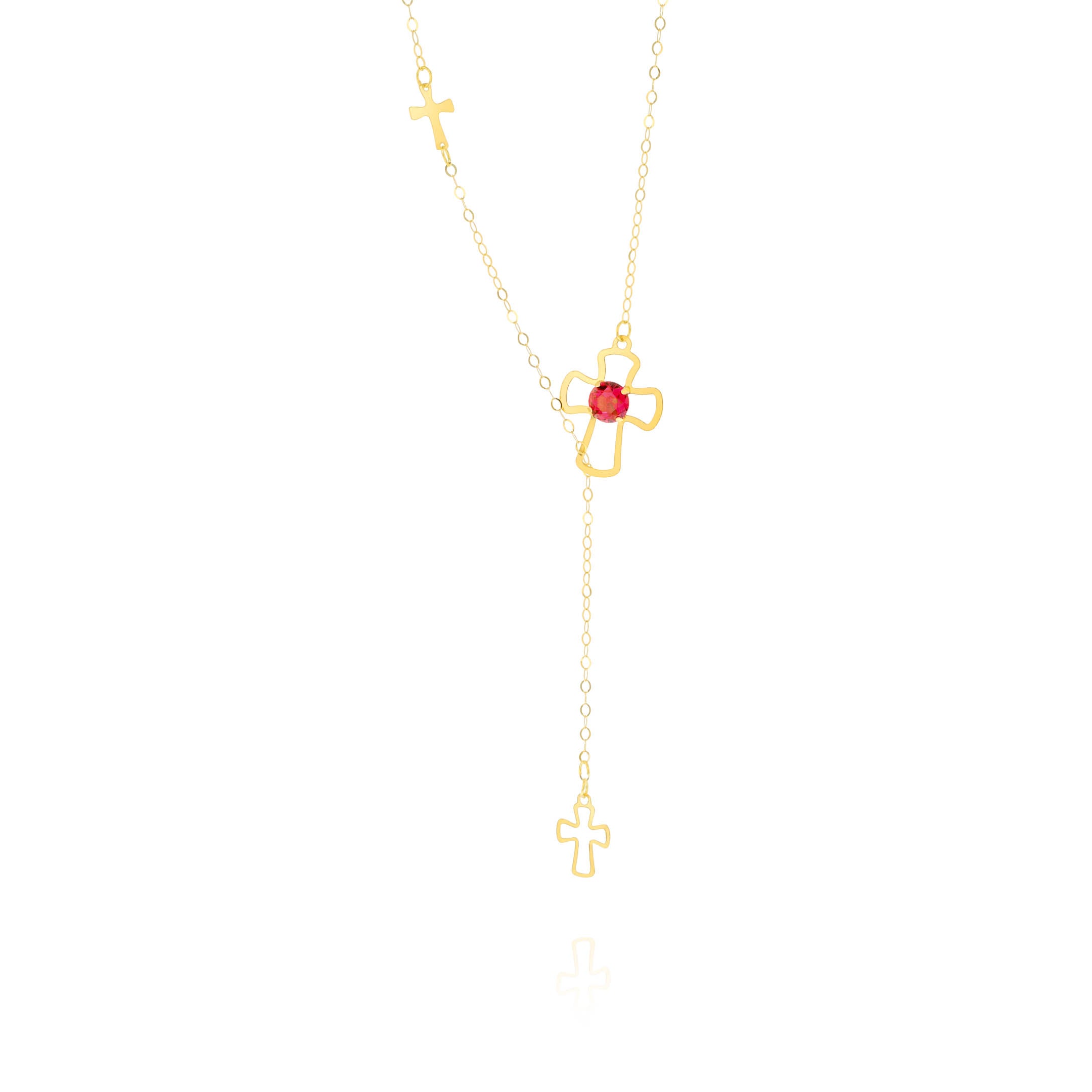 18K Pure Gold Red Stone Cross Necklace