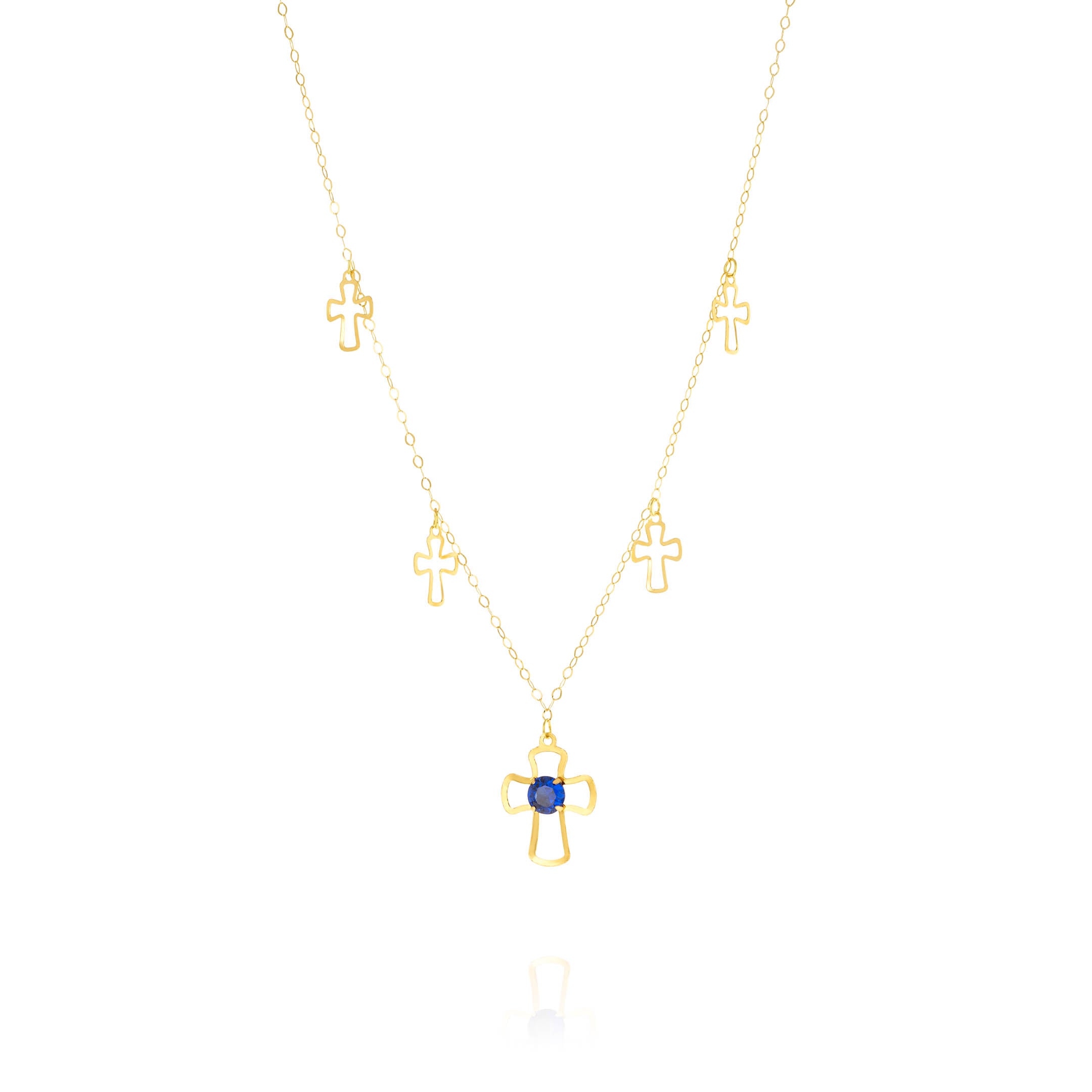 18K Pure Gold Blue Stone Cross Necklace