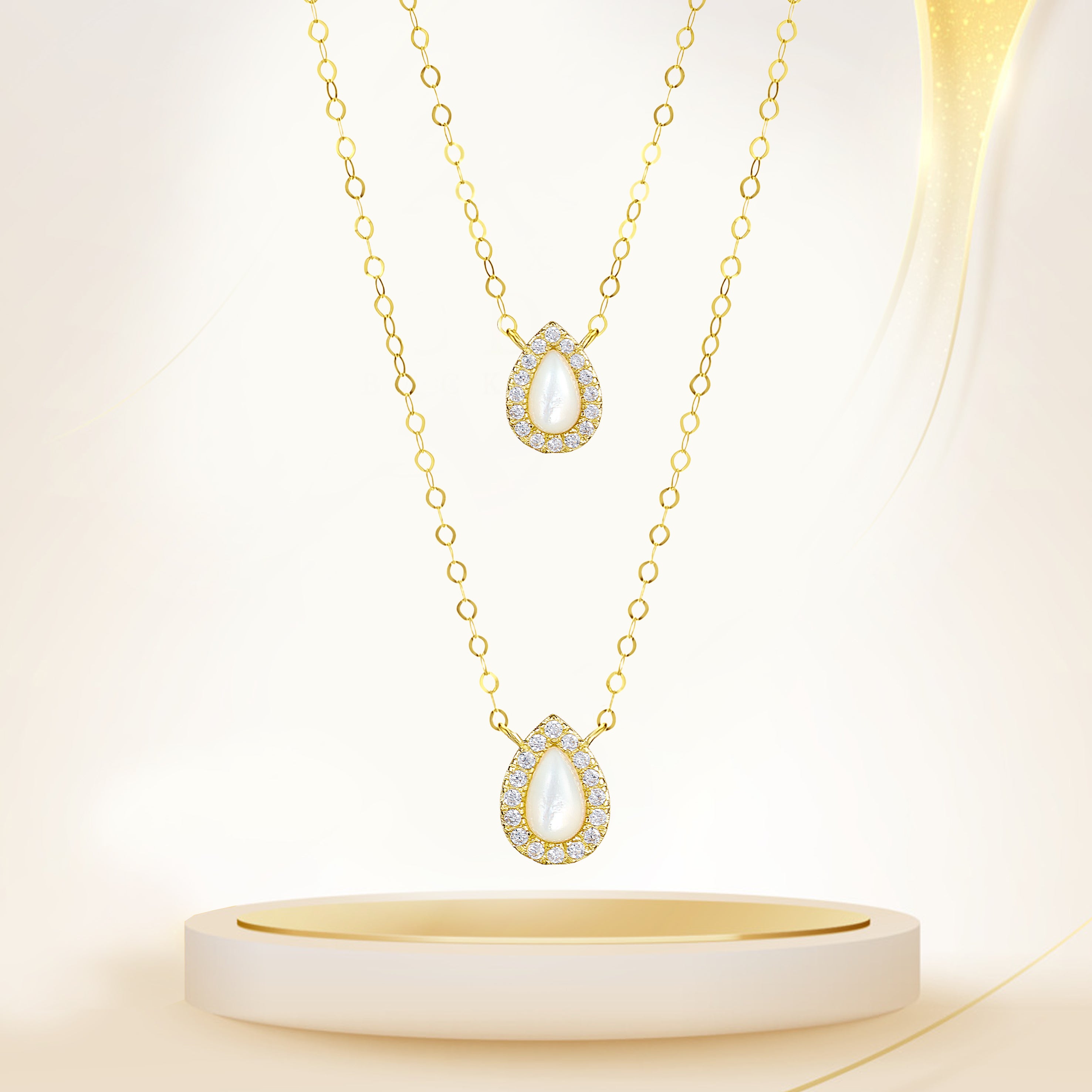 18K Pure Gold 2 Layer White Stone Necklace