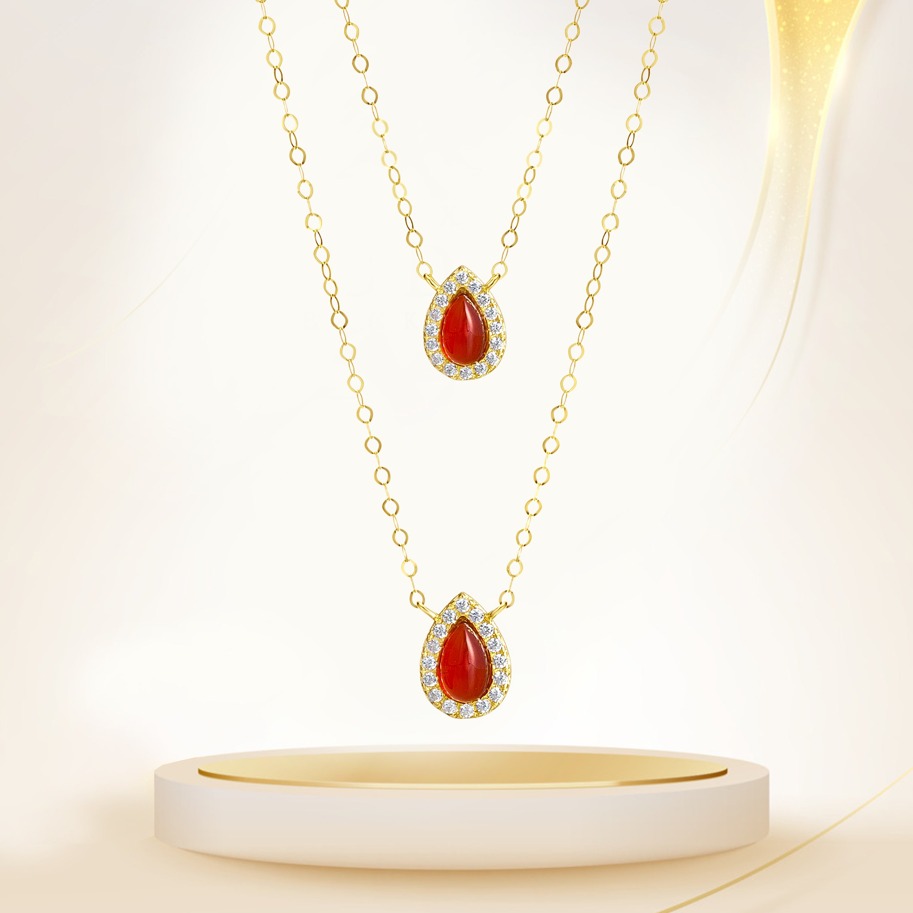 18K Pure Gold 2 Layer Red Stone Necklace