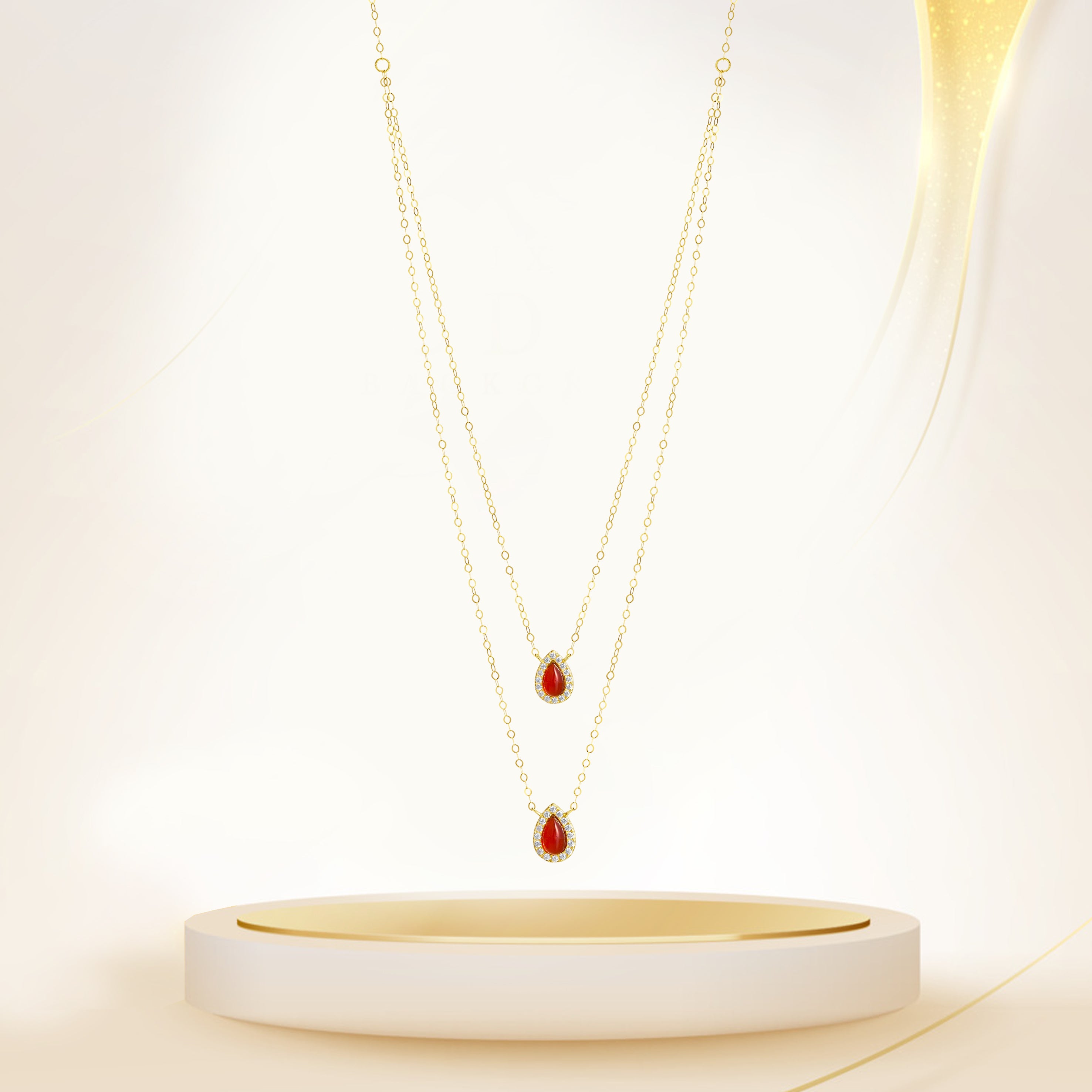 18K Pure Gold 2 Layer Red Stone Necklace