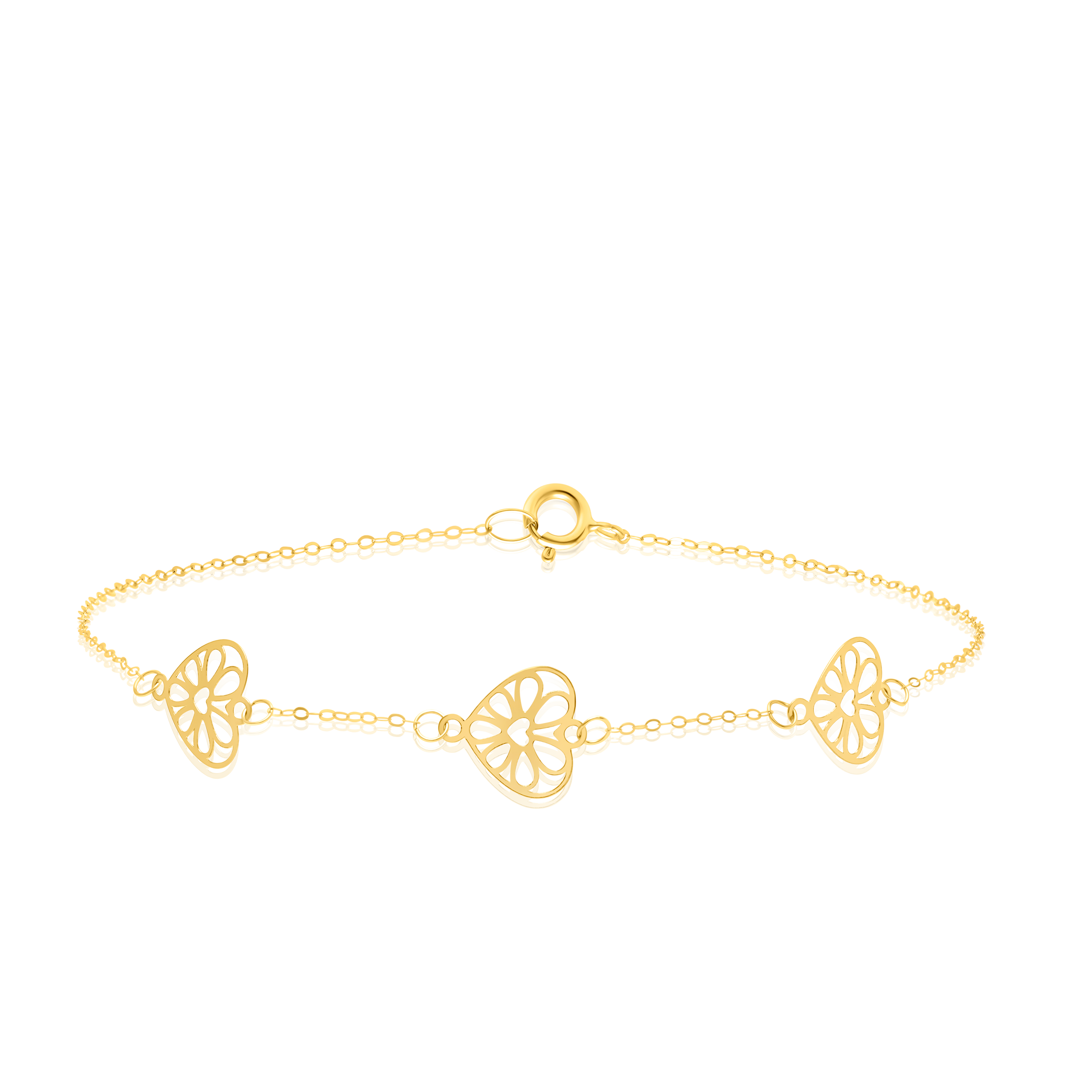 18K Pure Gold Fine Heart Flower Bracelet