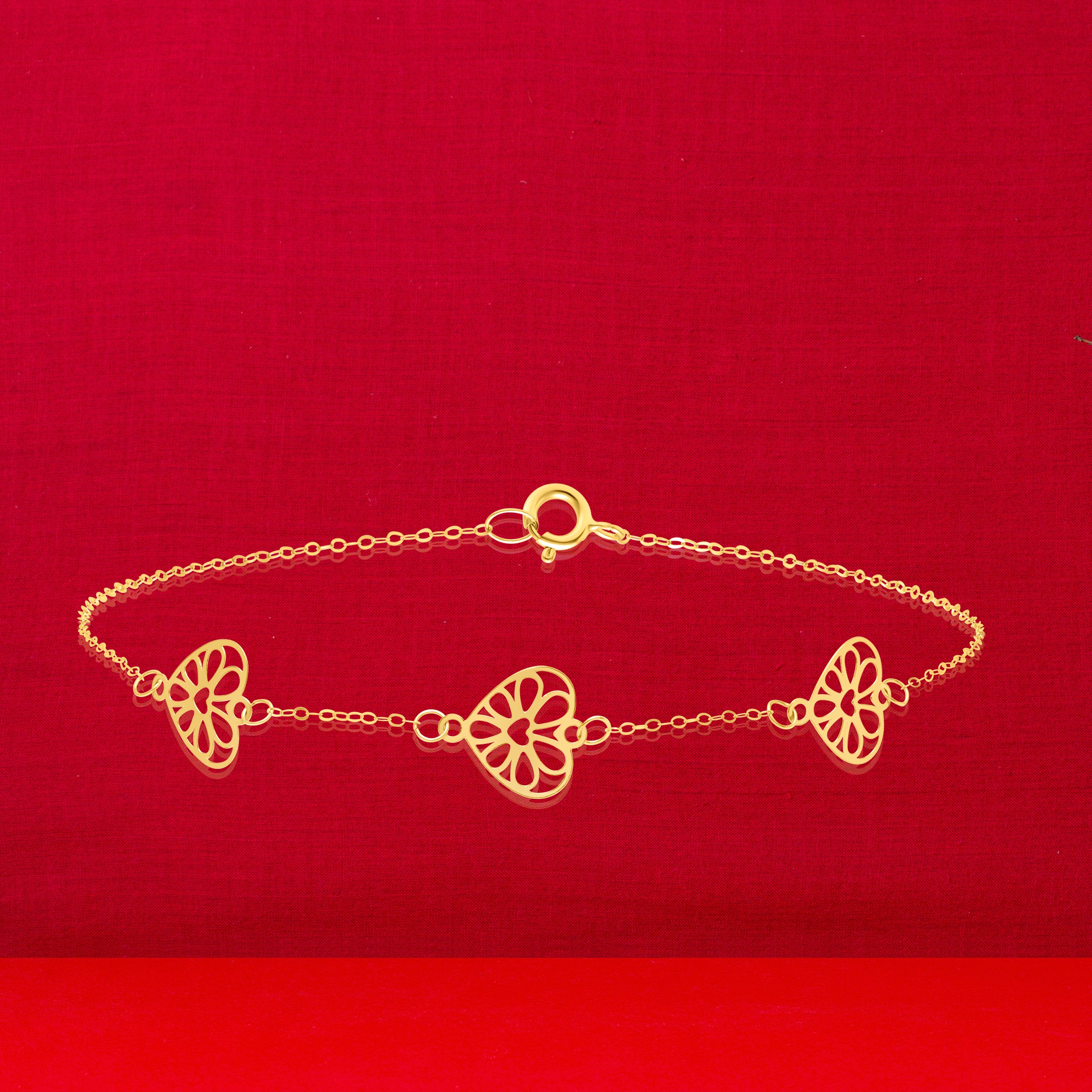 18K Pure Gold Fine Heart Flower Bracelet