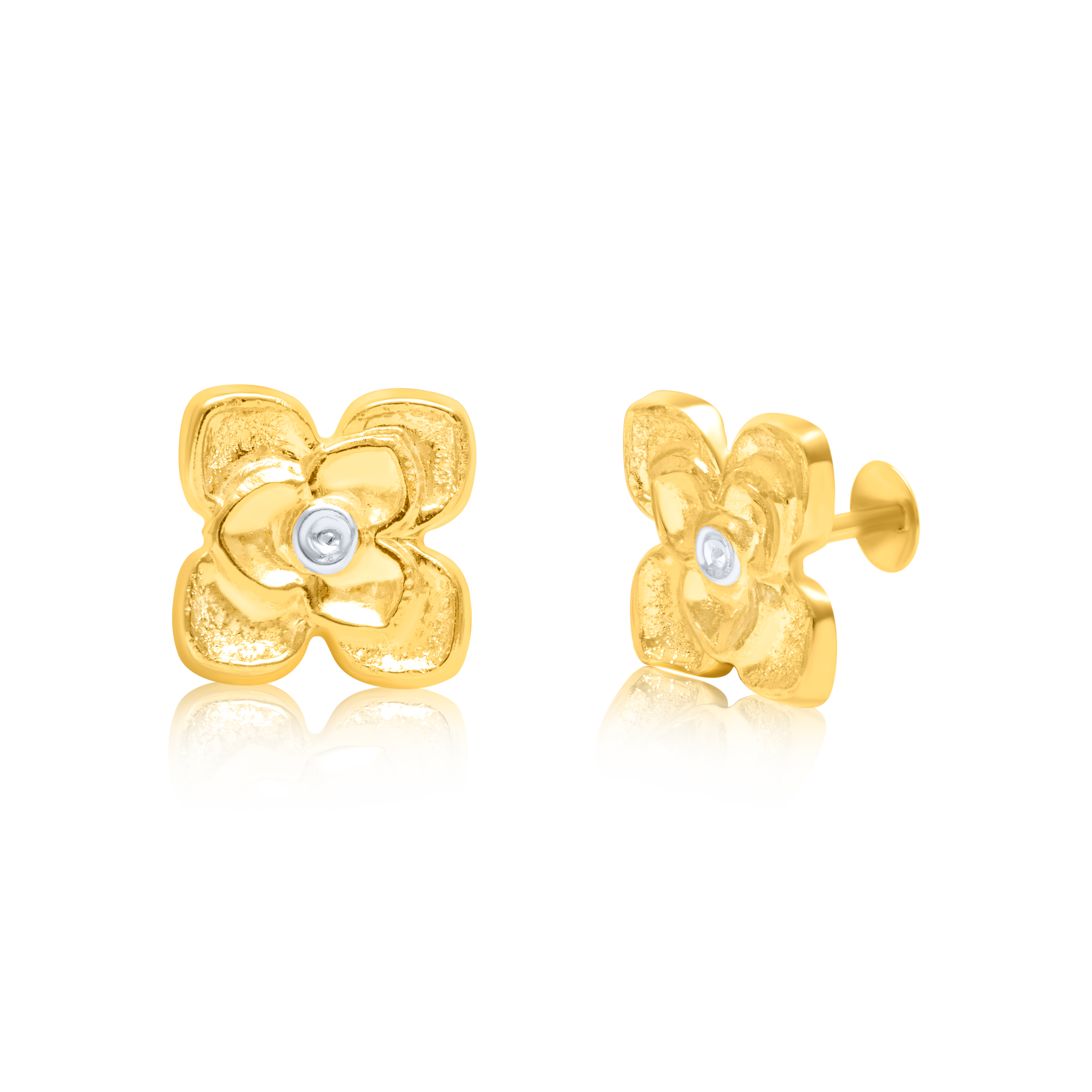 18K Pure Gold 2 Color Flower Screw Earring Set