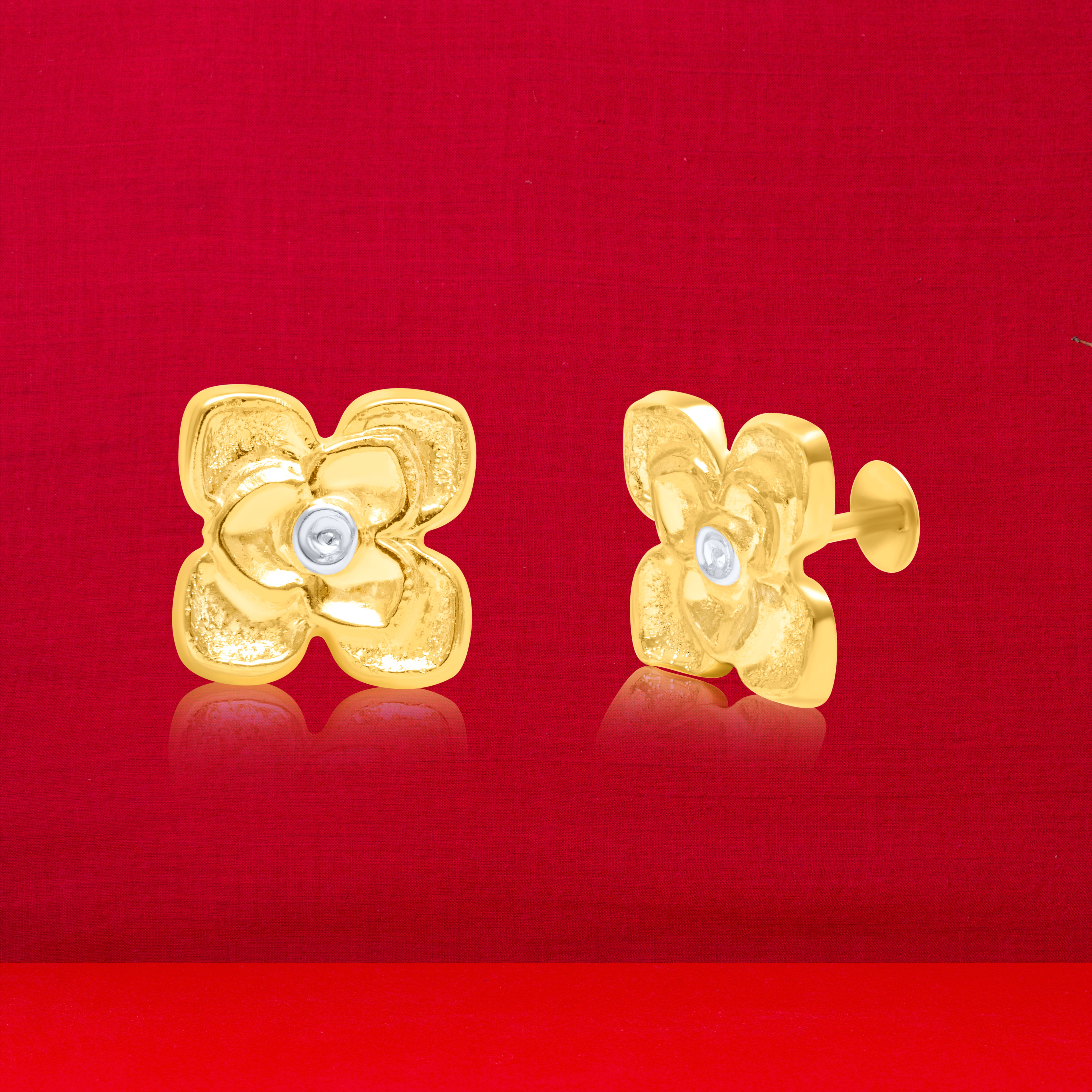 18K Pure Gold 2 Color Flower Screw Earring Set
