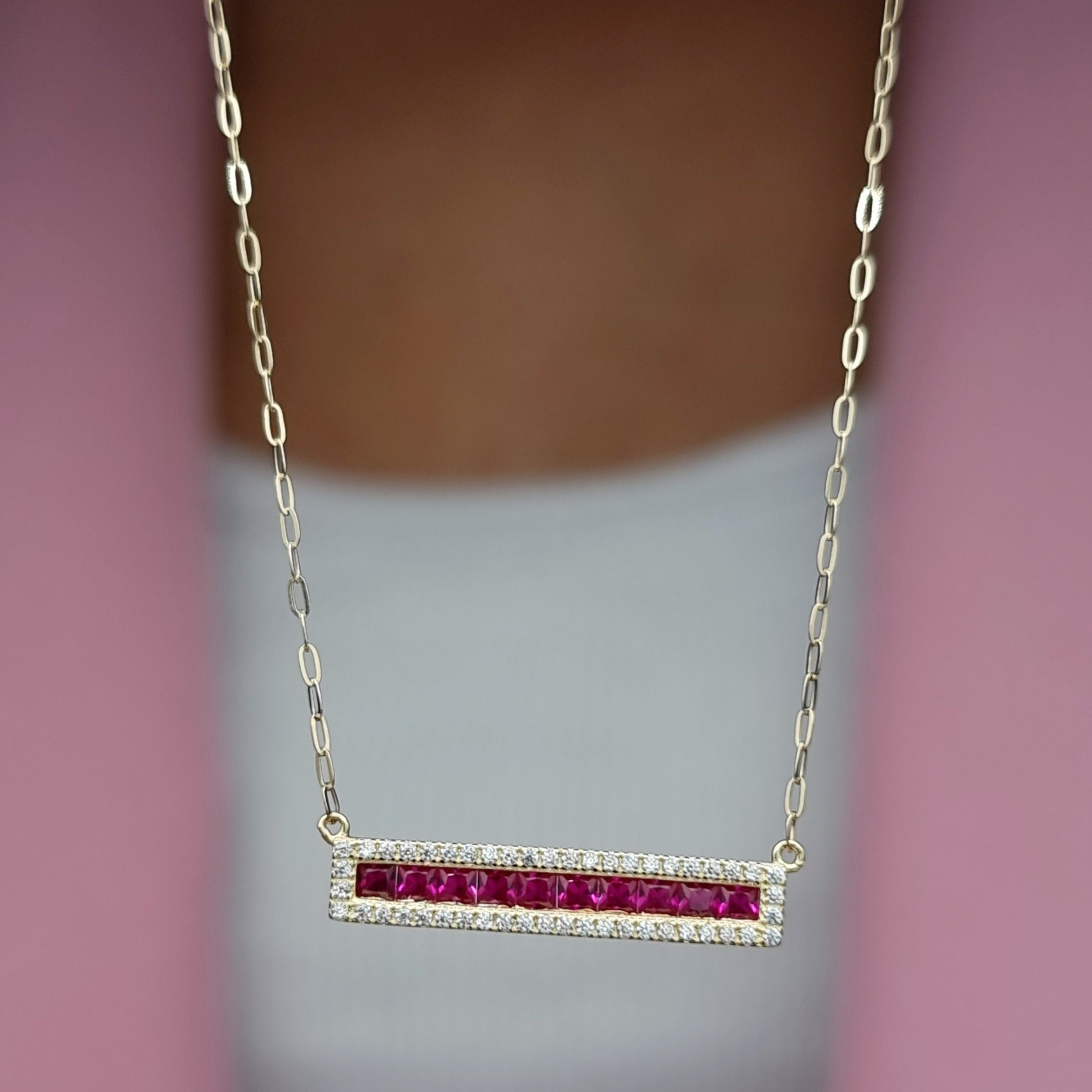 18K Pure Gold Pink Long Stone Necklace