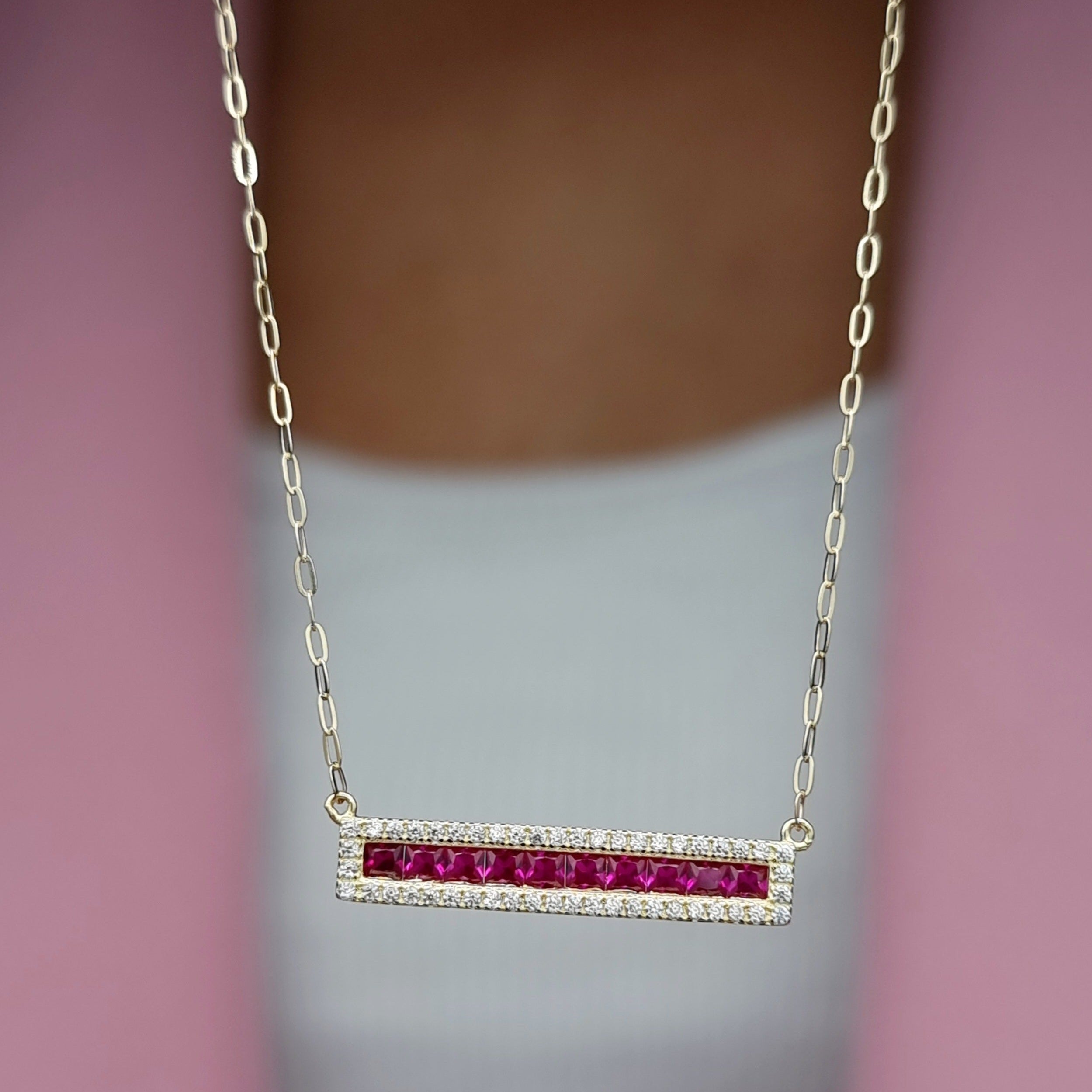 18K Pure Gold Pink Long Stone Necklace