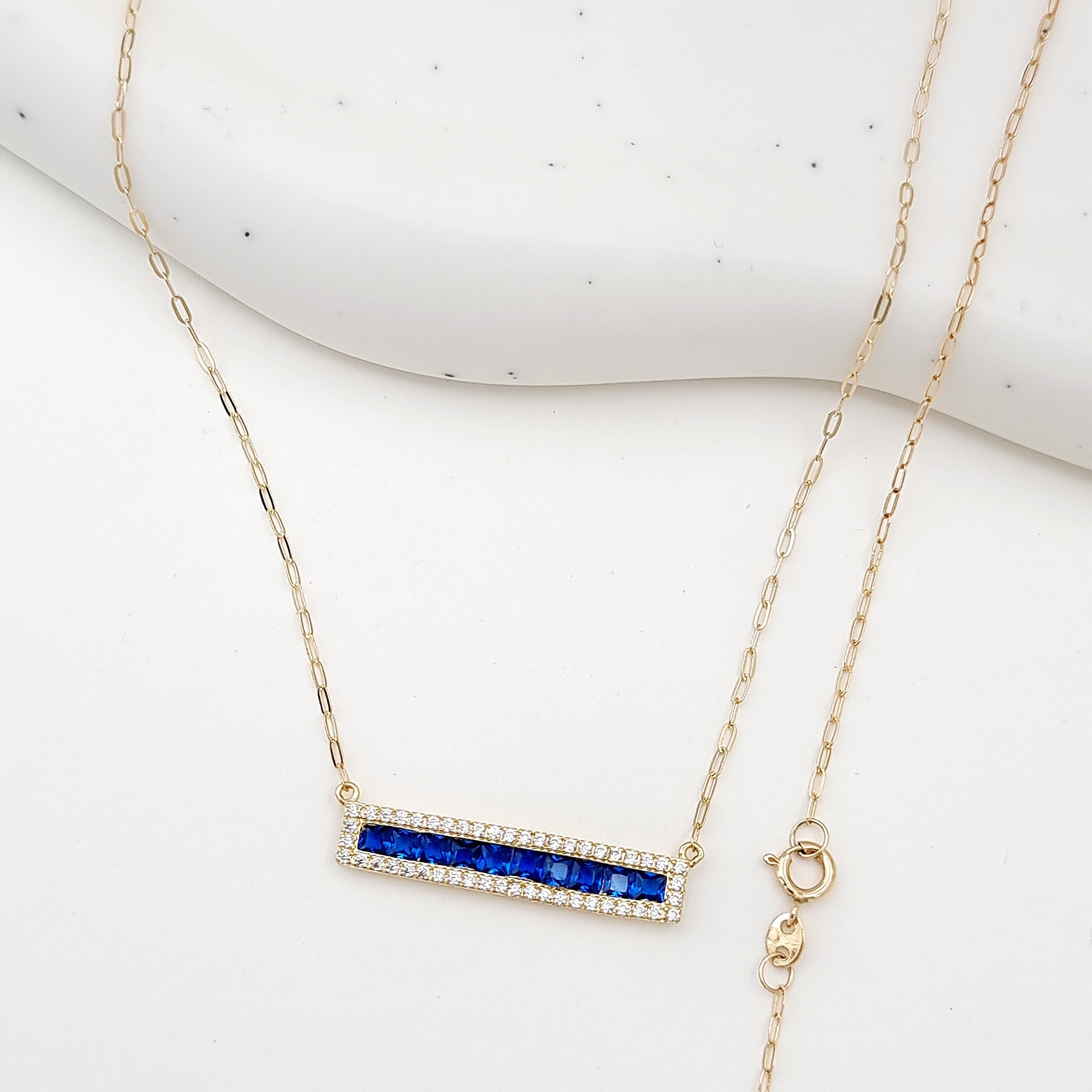 18K Pure Gold Blue Long Stone Necklace