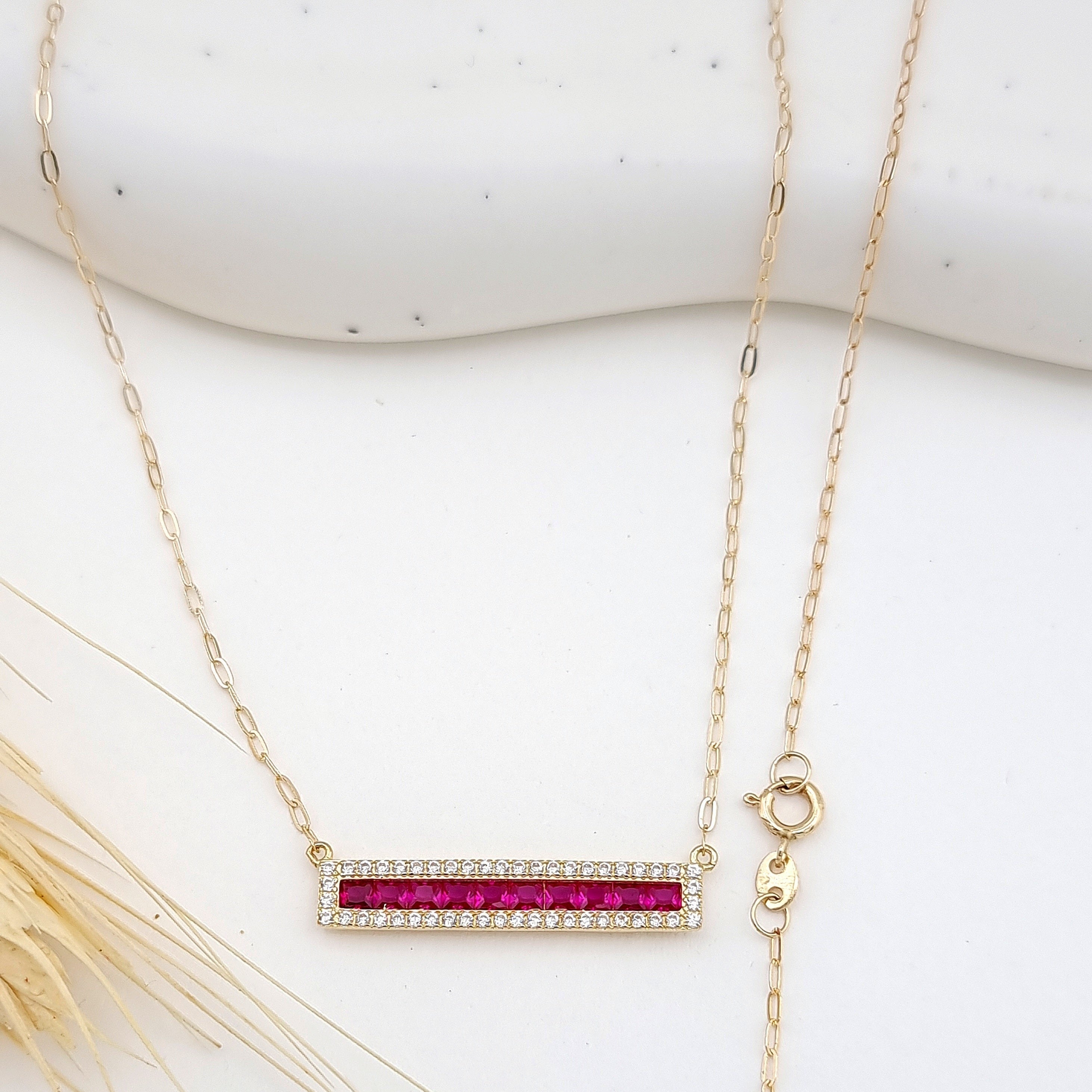 18K Pure Gold Pink Long Stone Necklace