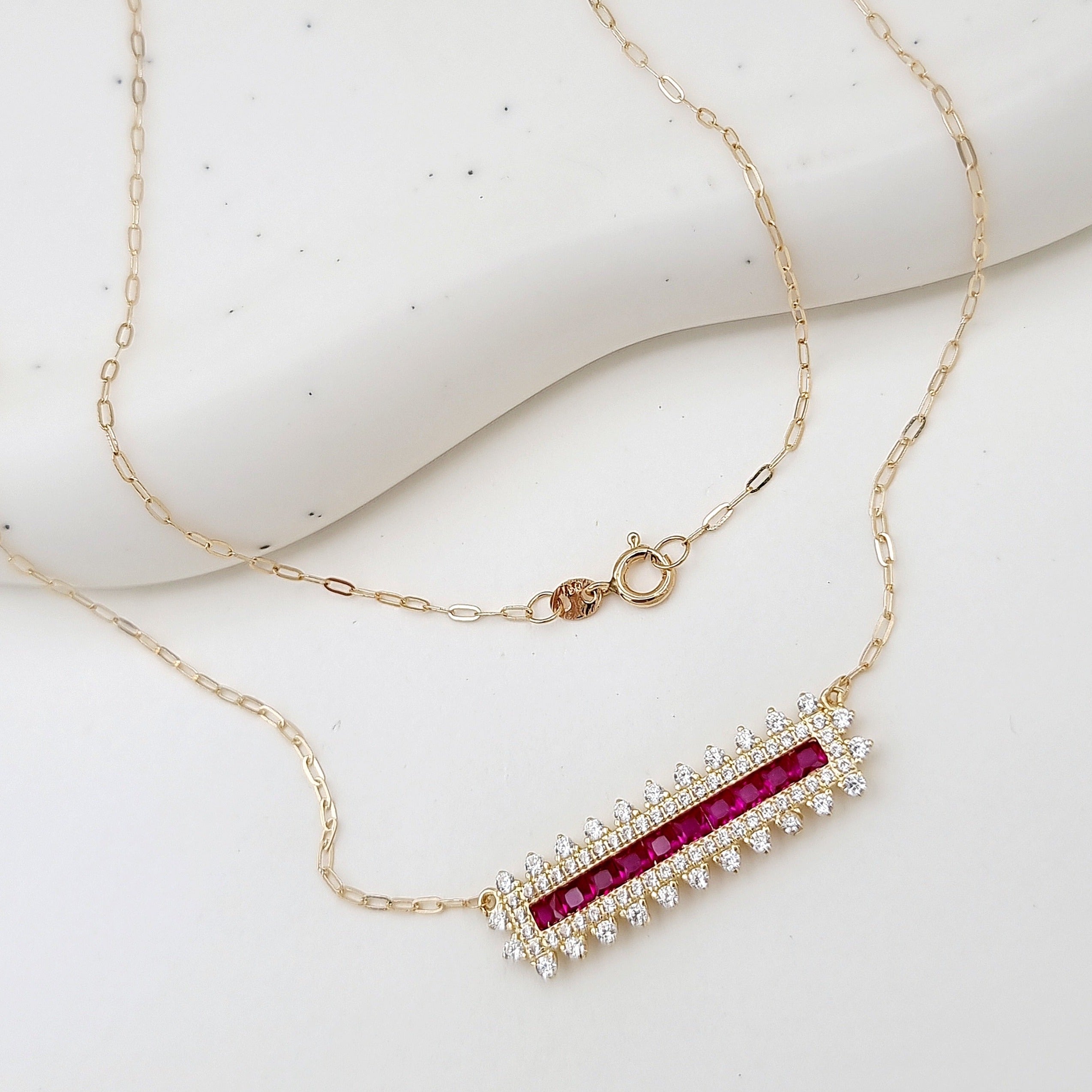 18K Pure Gold Pink Long Stone Necklace