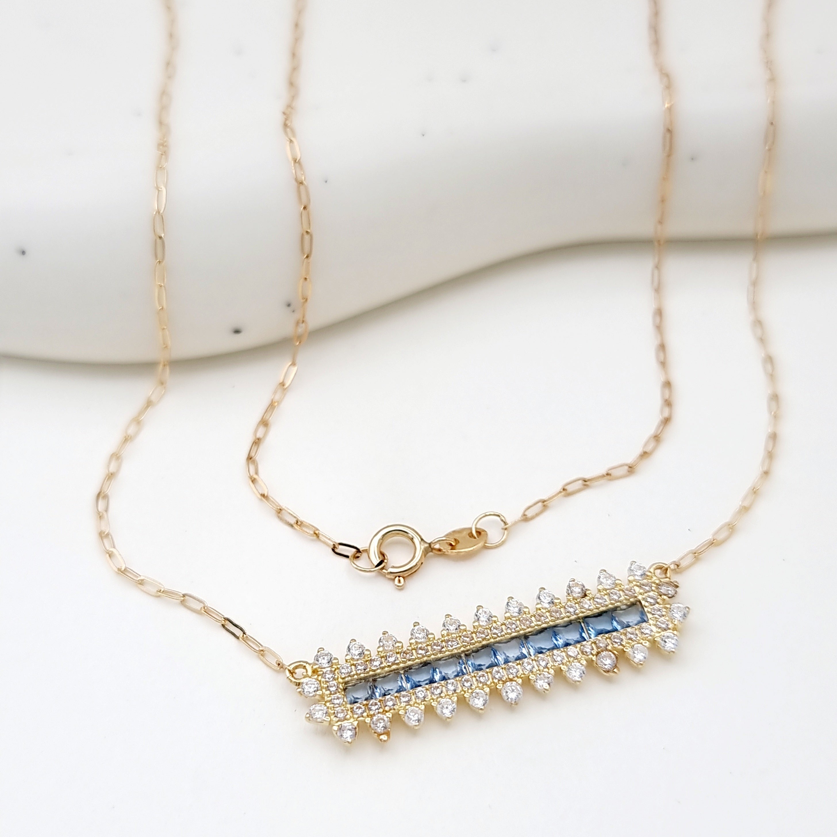 18K Pure Gold Light Blue Long Stone Necklace