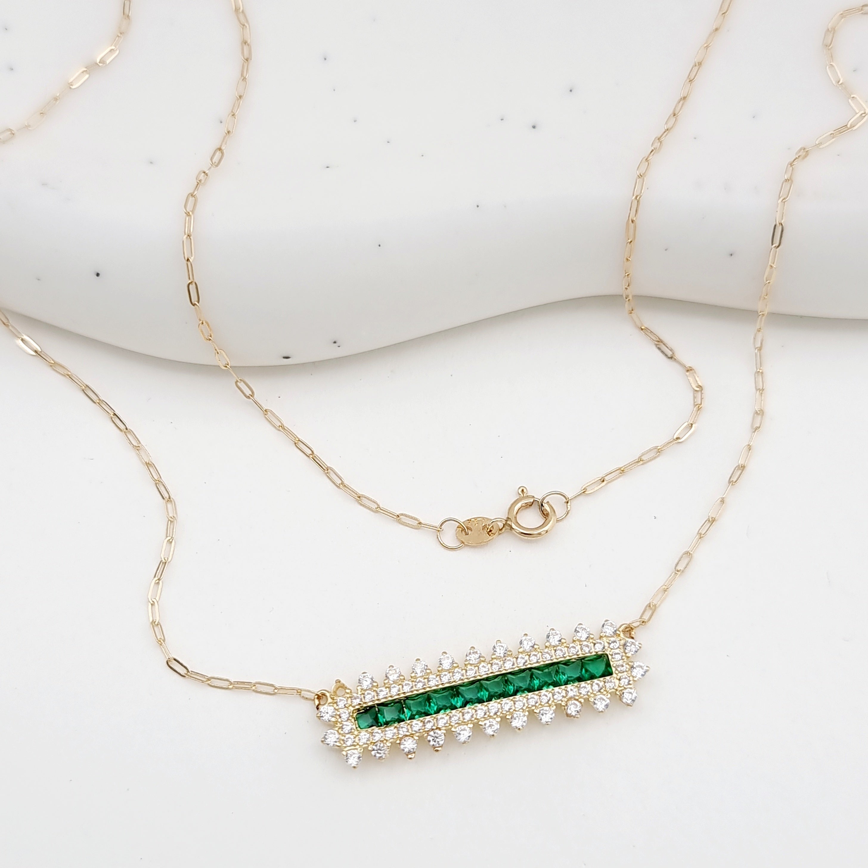18K Pure Gold Green Long Stone Necklace