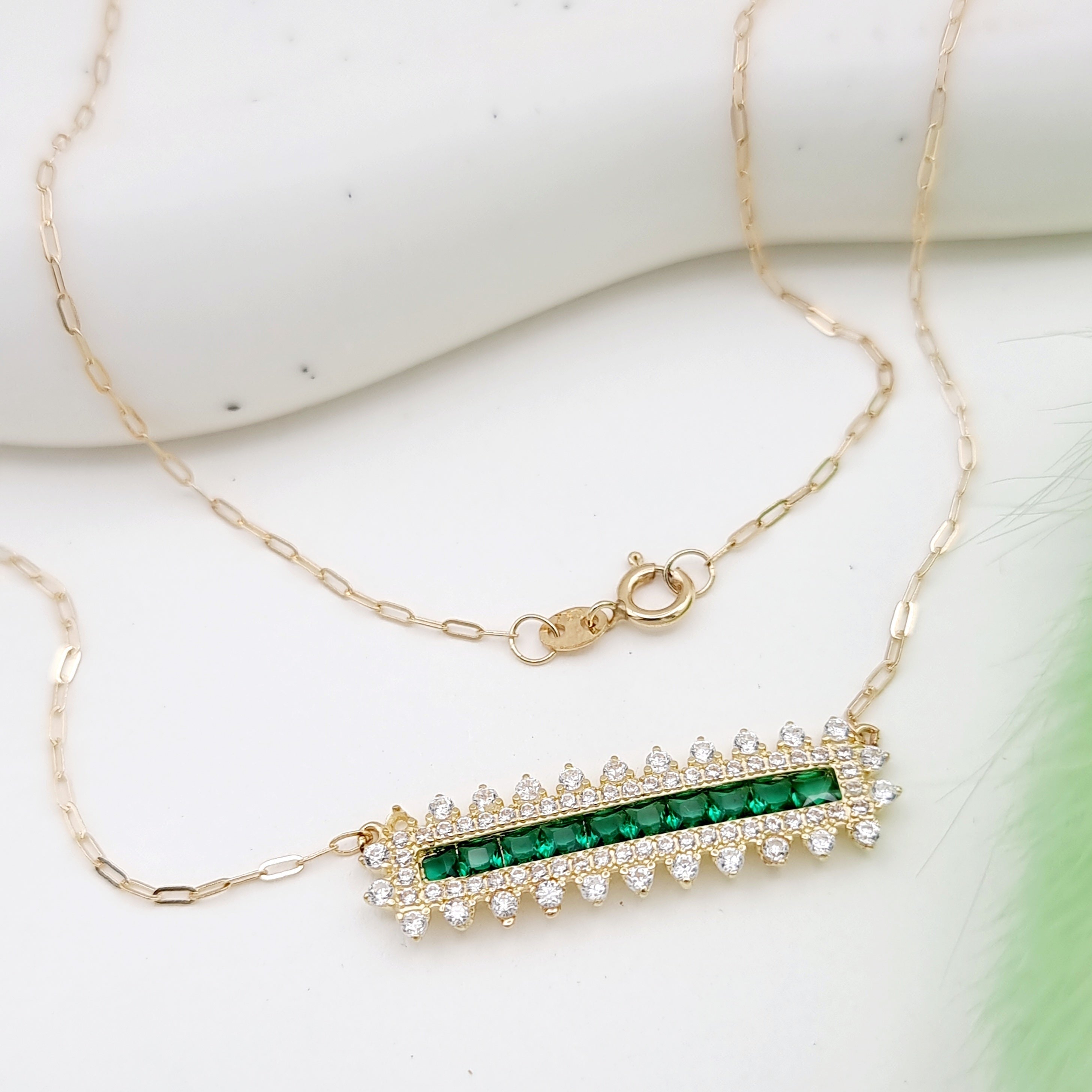 18K Pure Gold Green Long Stone Necklace
