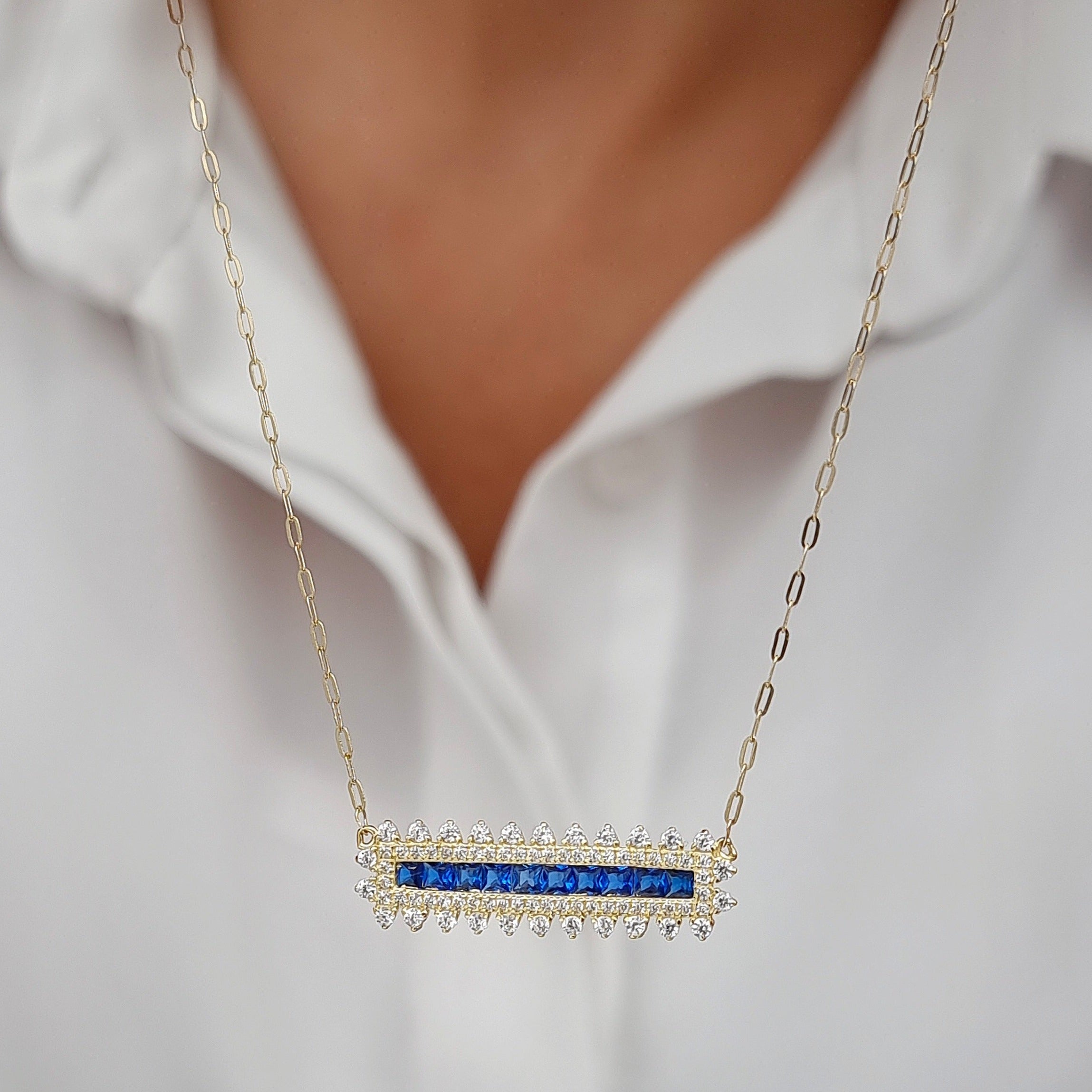 18K Pure Gold Blue Long Stone Necklace