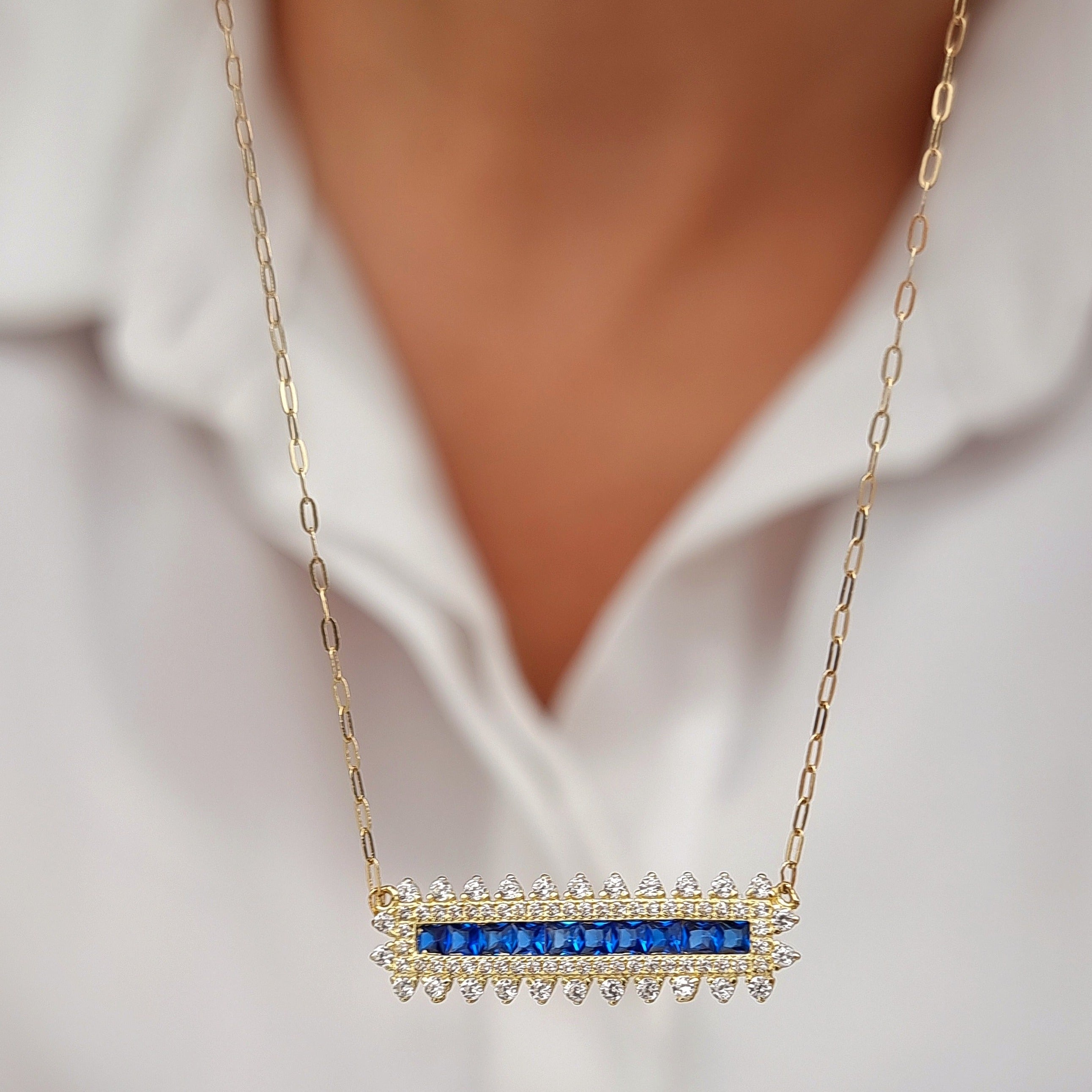 18K Pure Gold Blue Long Stone Necklace