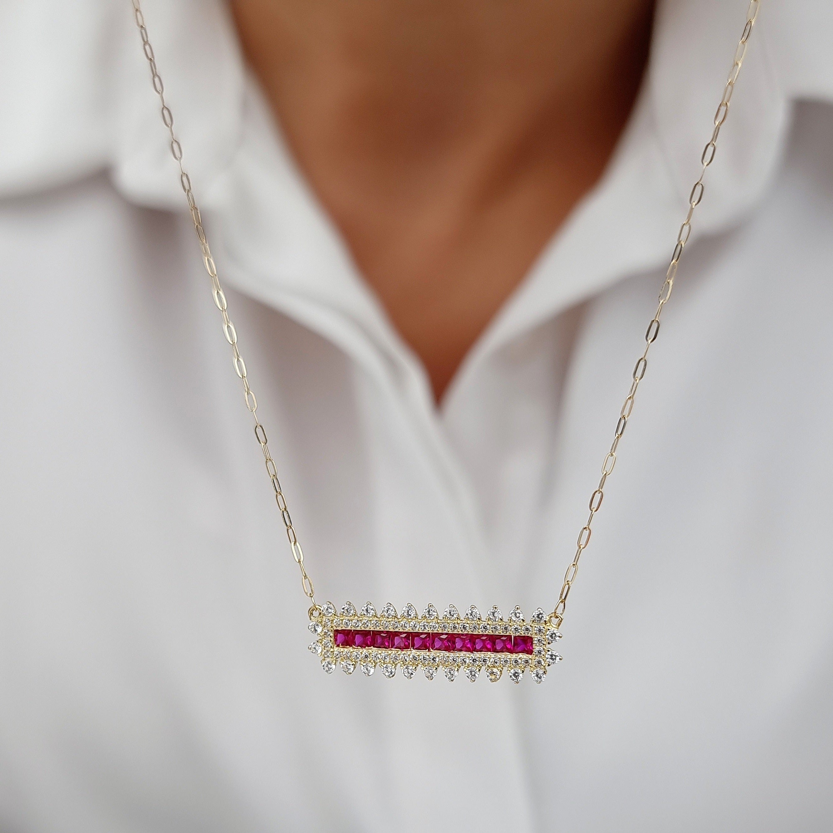 18K Pure Gold Pink Long Stone Necklace