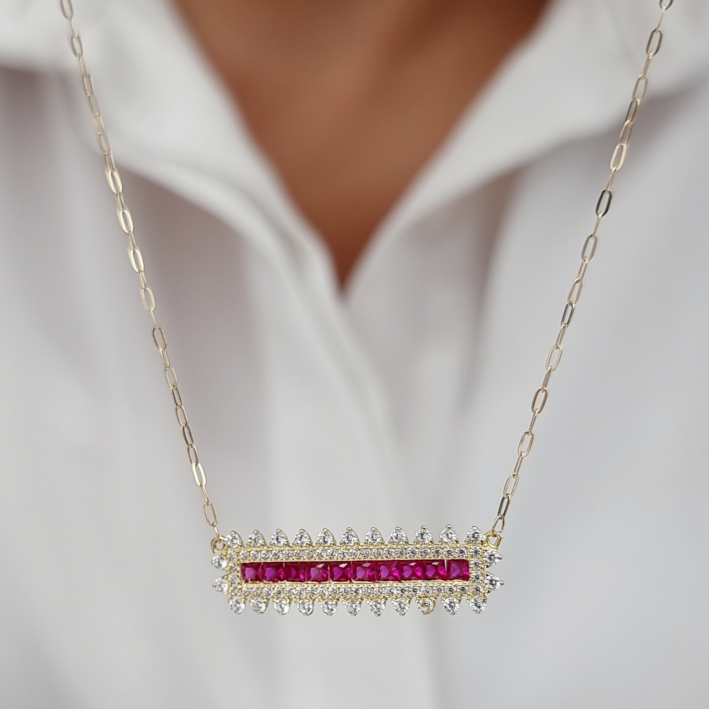 18K Pure Gold Pink Long Stone Necklace