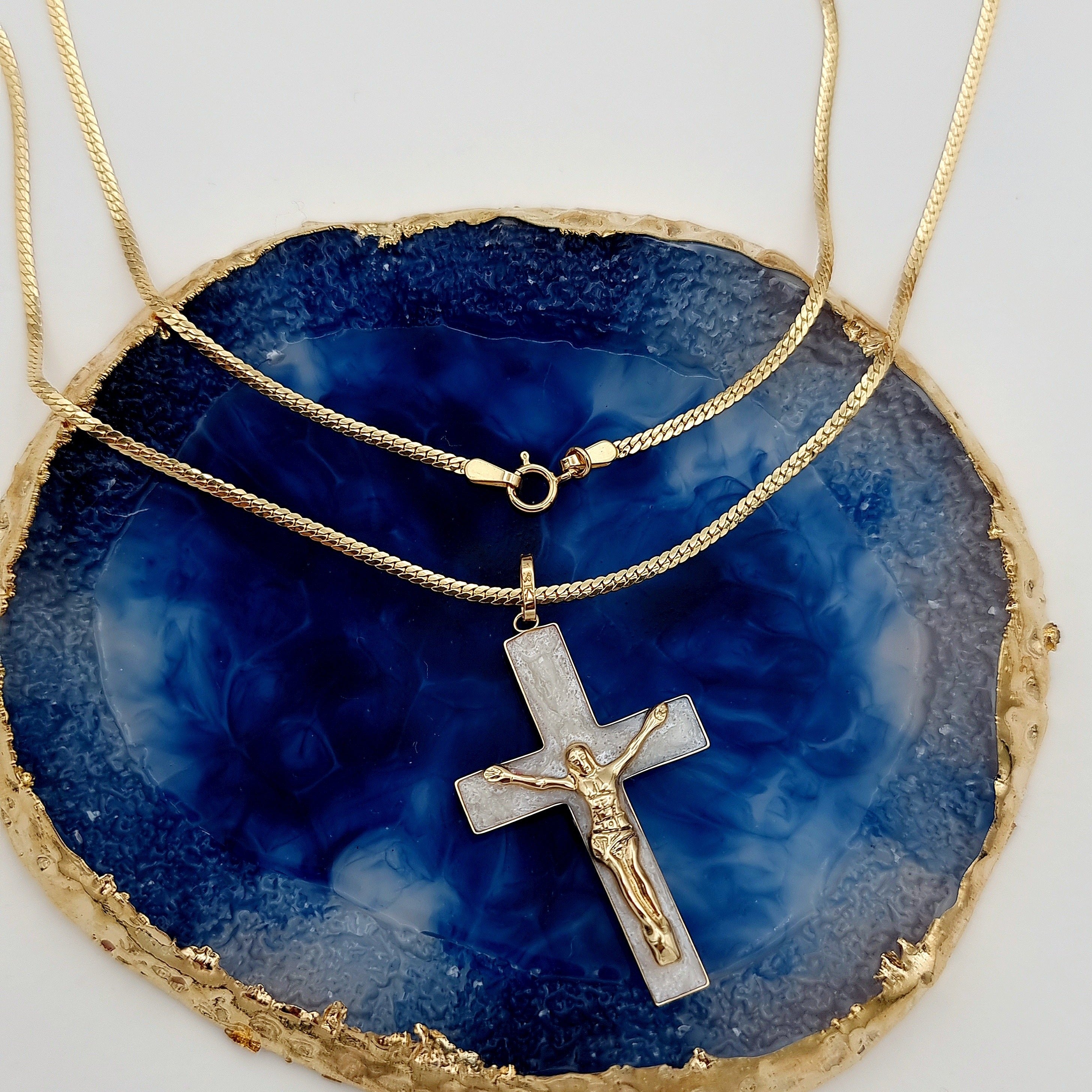 18K Pure Gold 2 Color Jesus Cross Necklace
