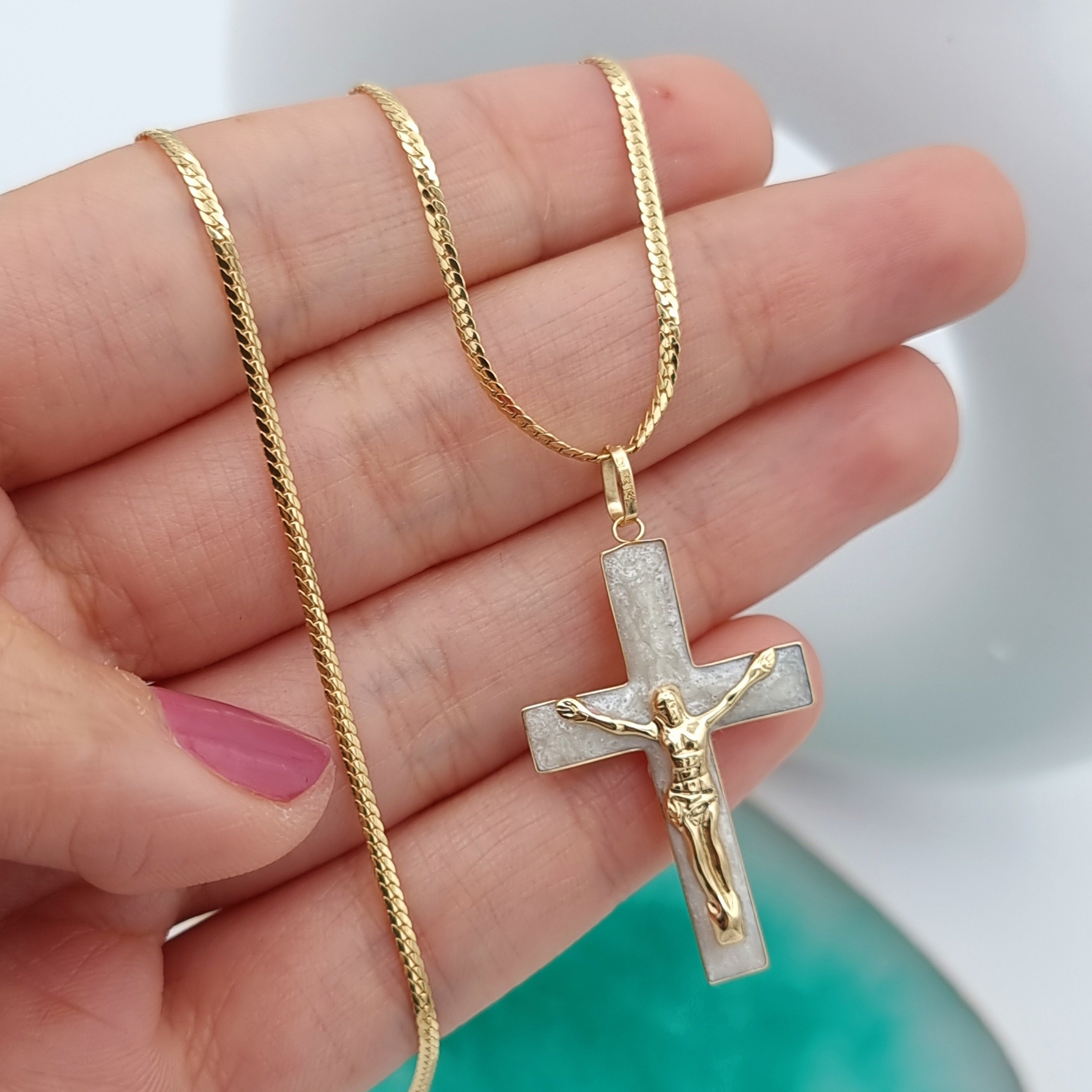 18K Pure Gold 2 Color Jesus Cross Necklace