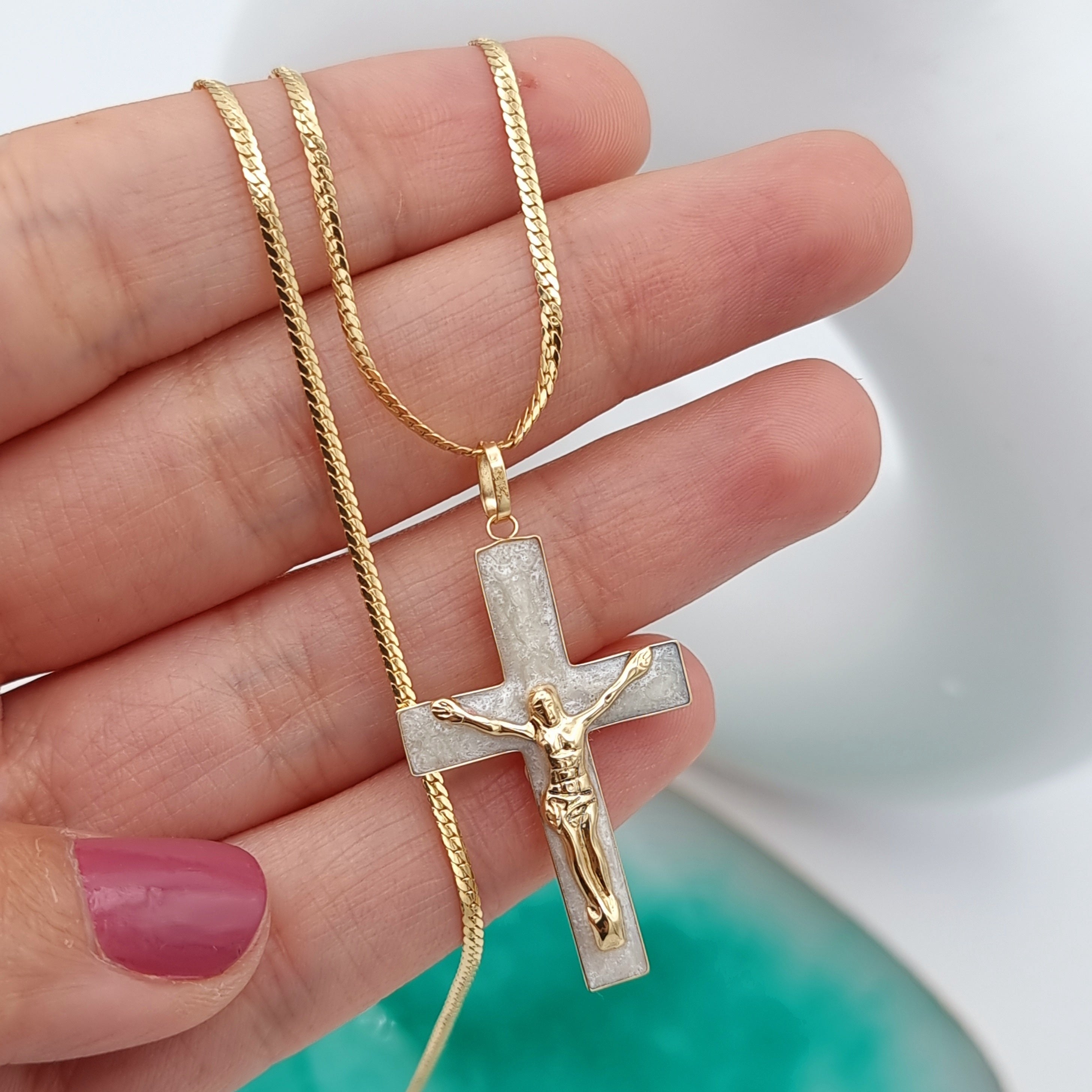 18K Pure Gold 2 Color Jesus Cross Necklace