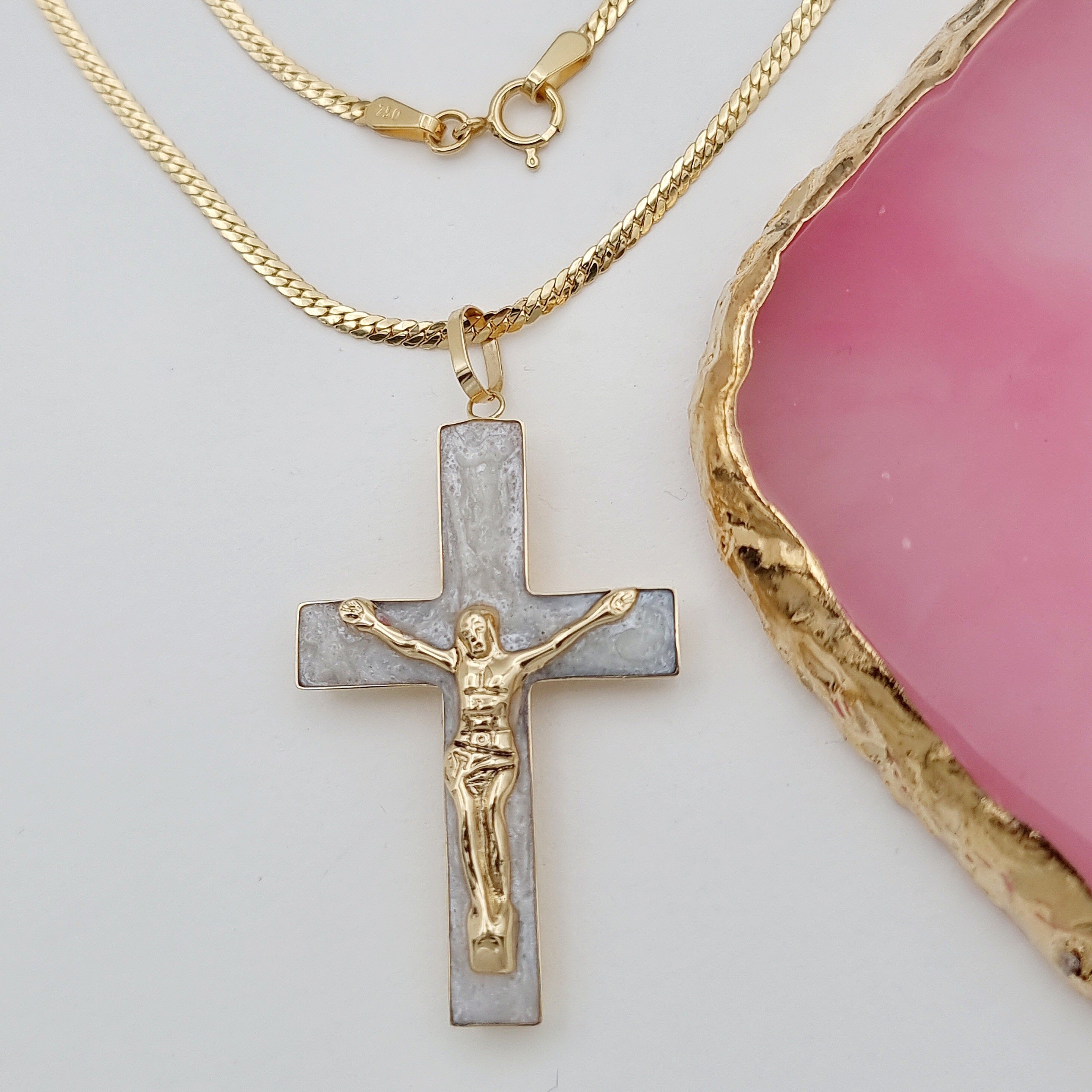 18K Pure Gold 2 Color Jesus Cross Necklace