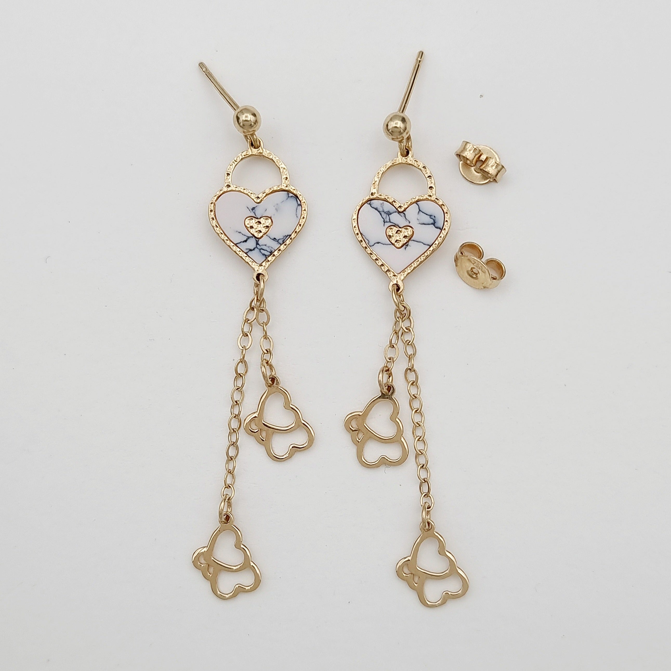 18K Pure Gold Heart Hanging Earrings