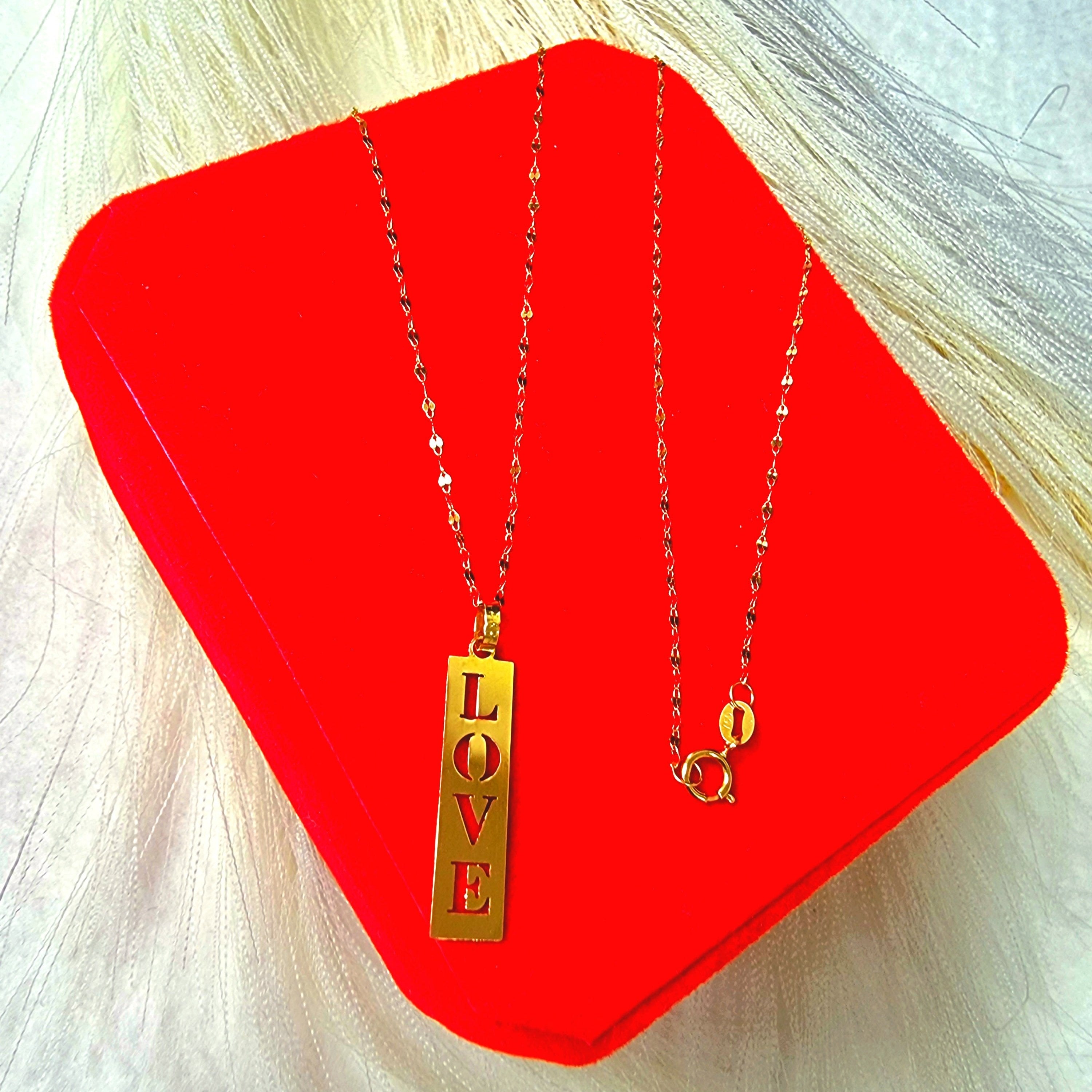 18K Pure Gold Flat Bar with Love Design Necklace