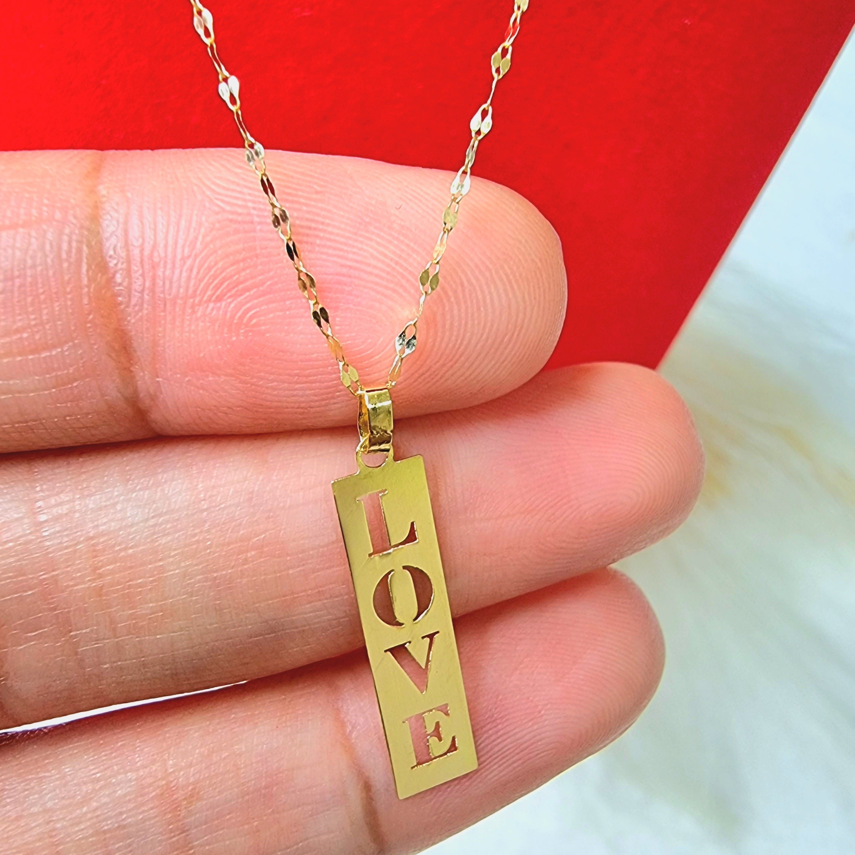 18K Pure Gold Flat Bar with Love Design Necklace