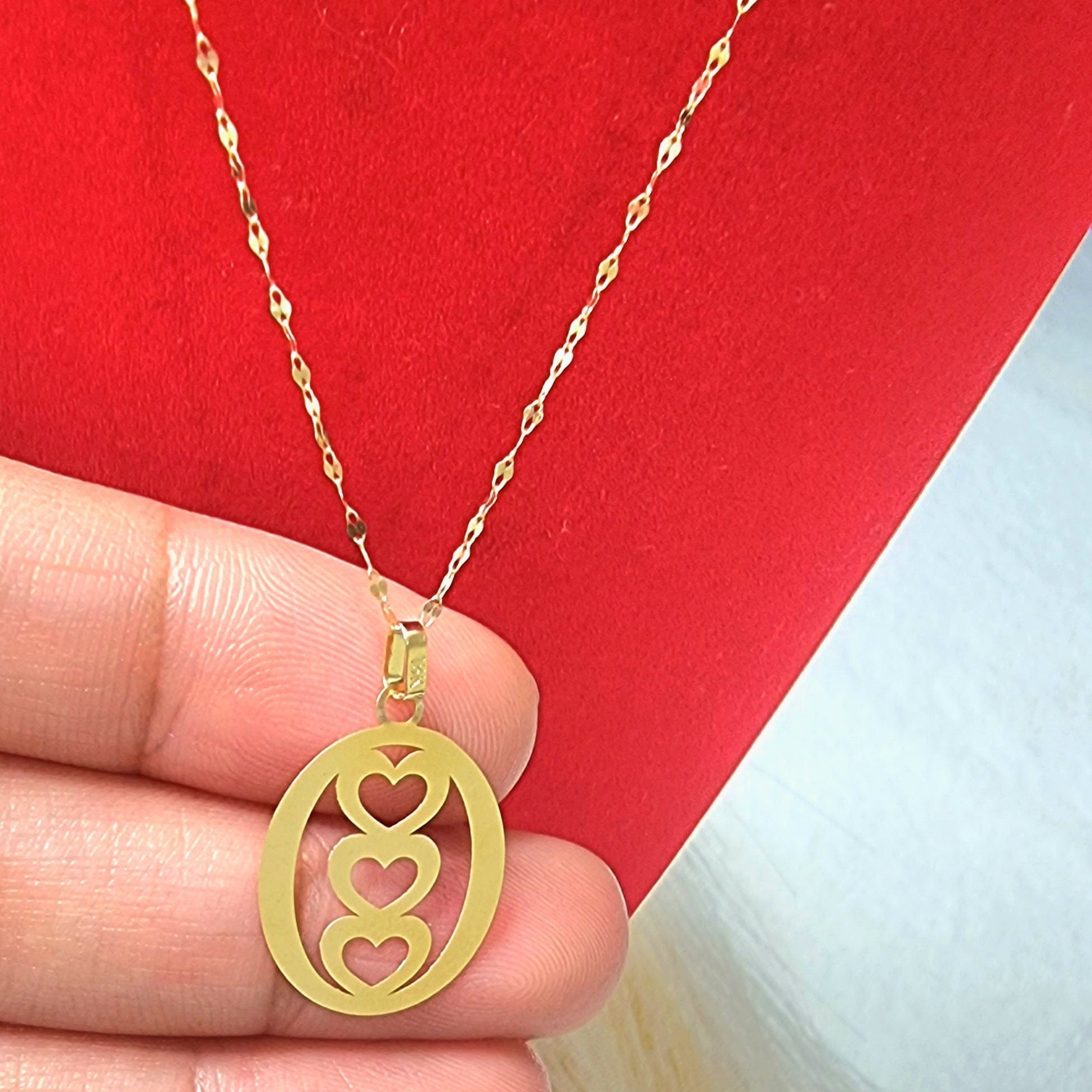 18K Pure Gold Triple Heart Design Necklace