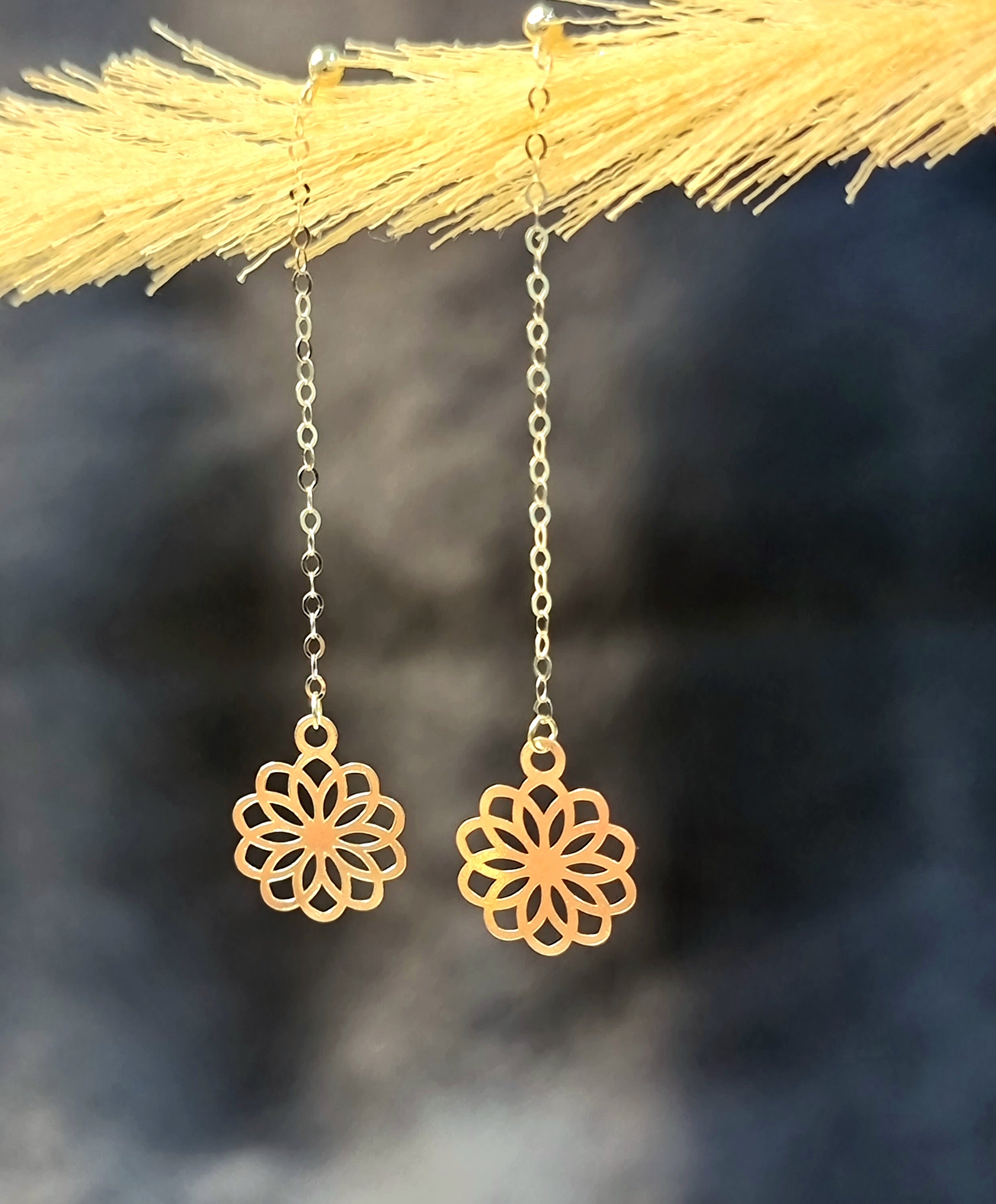 18K Pure Gold Hanging Flower Earring Set