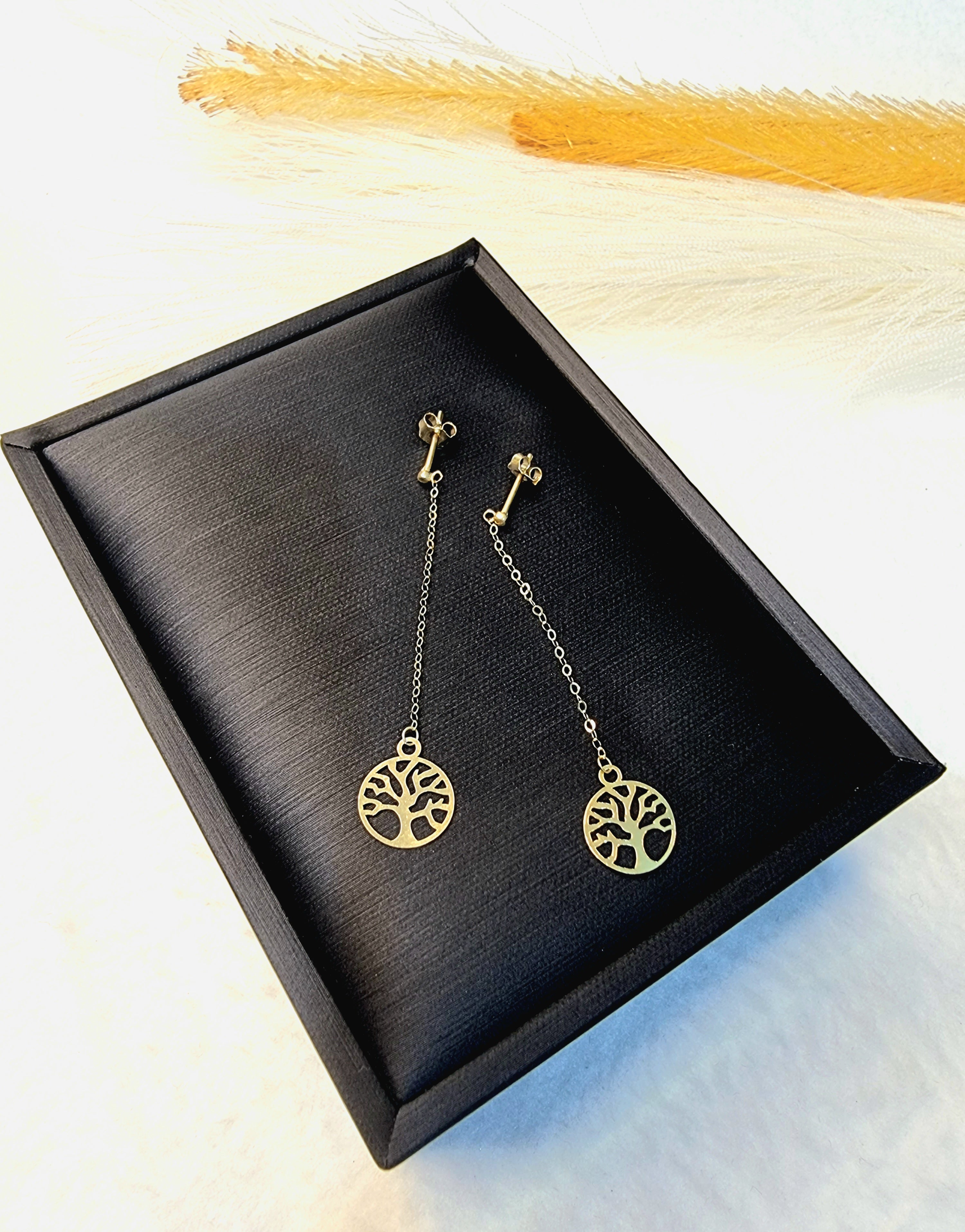 18K Pure Gold Hanging Tree Earring Set