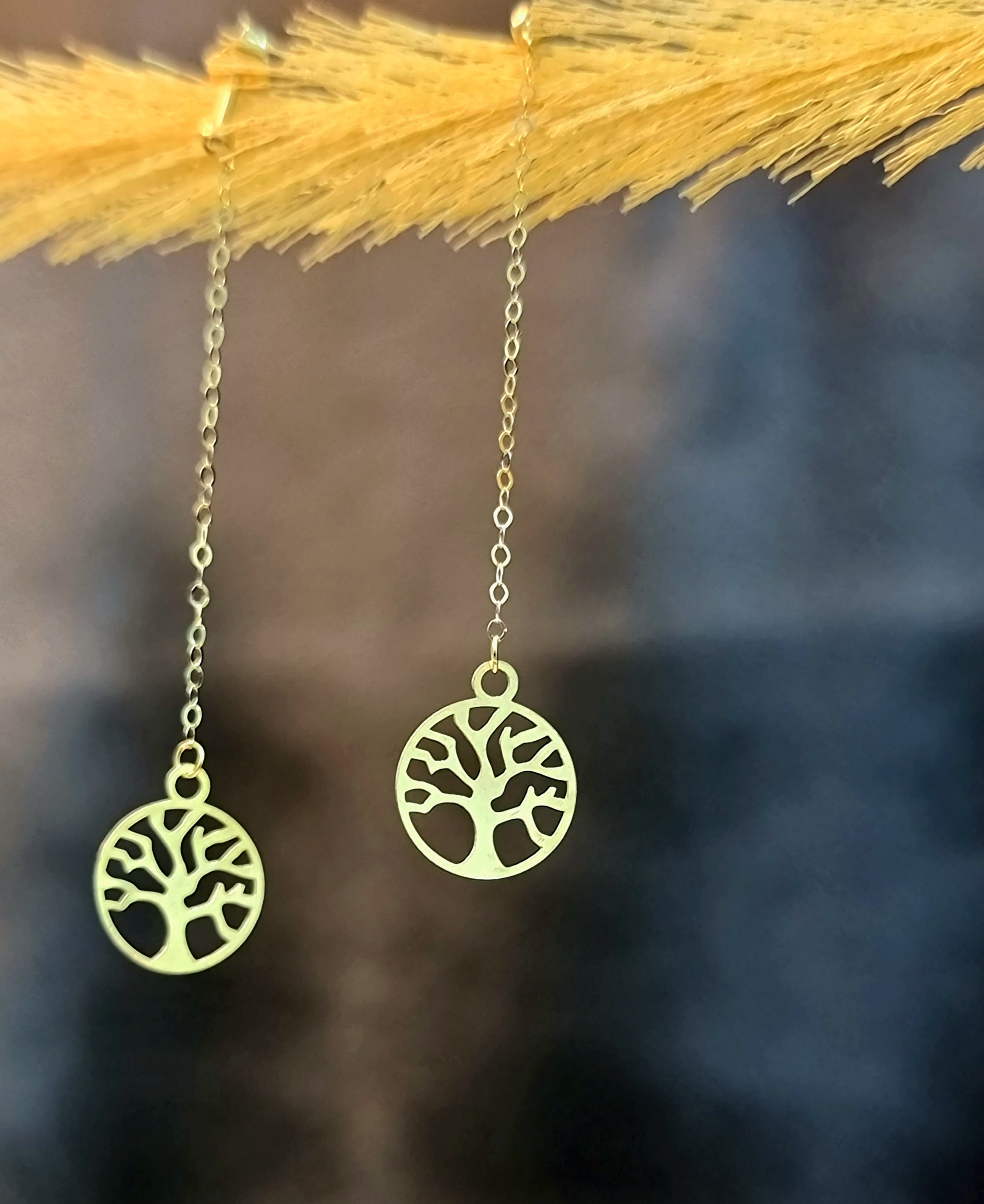 18K Pure Gold Hanging Tree Earring Set