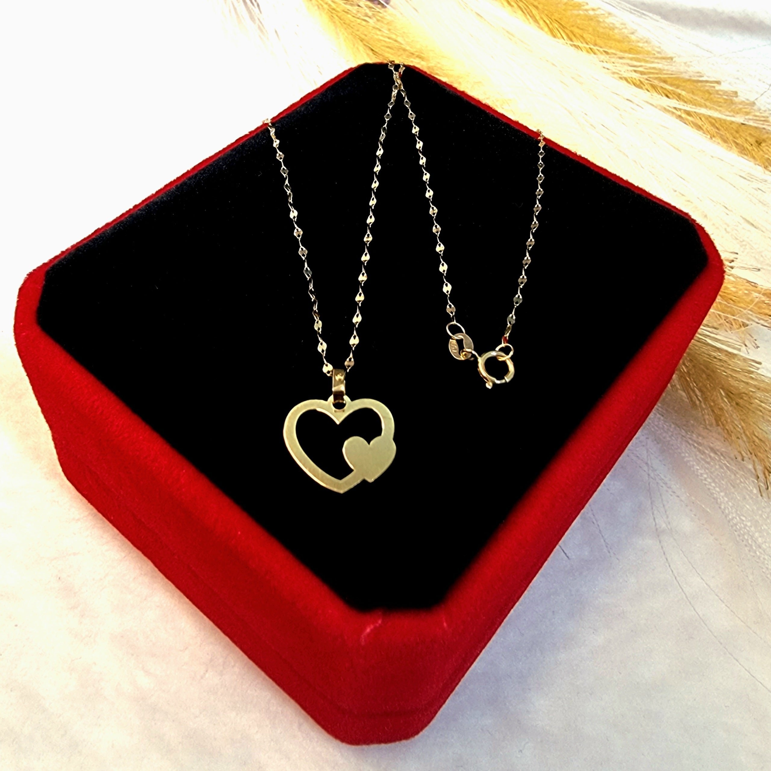 18K Pure Gold Double Heart Design Necklace