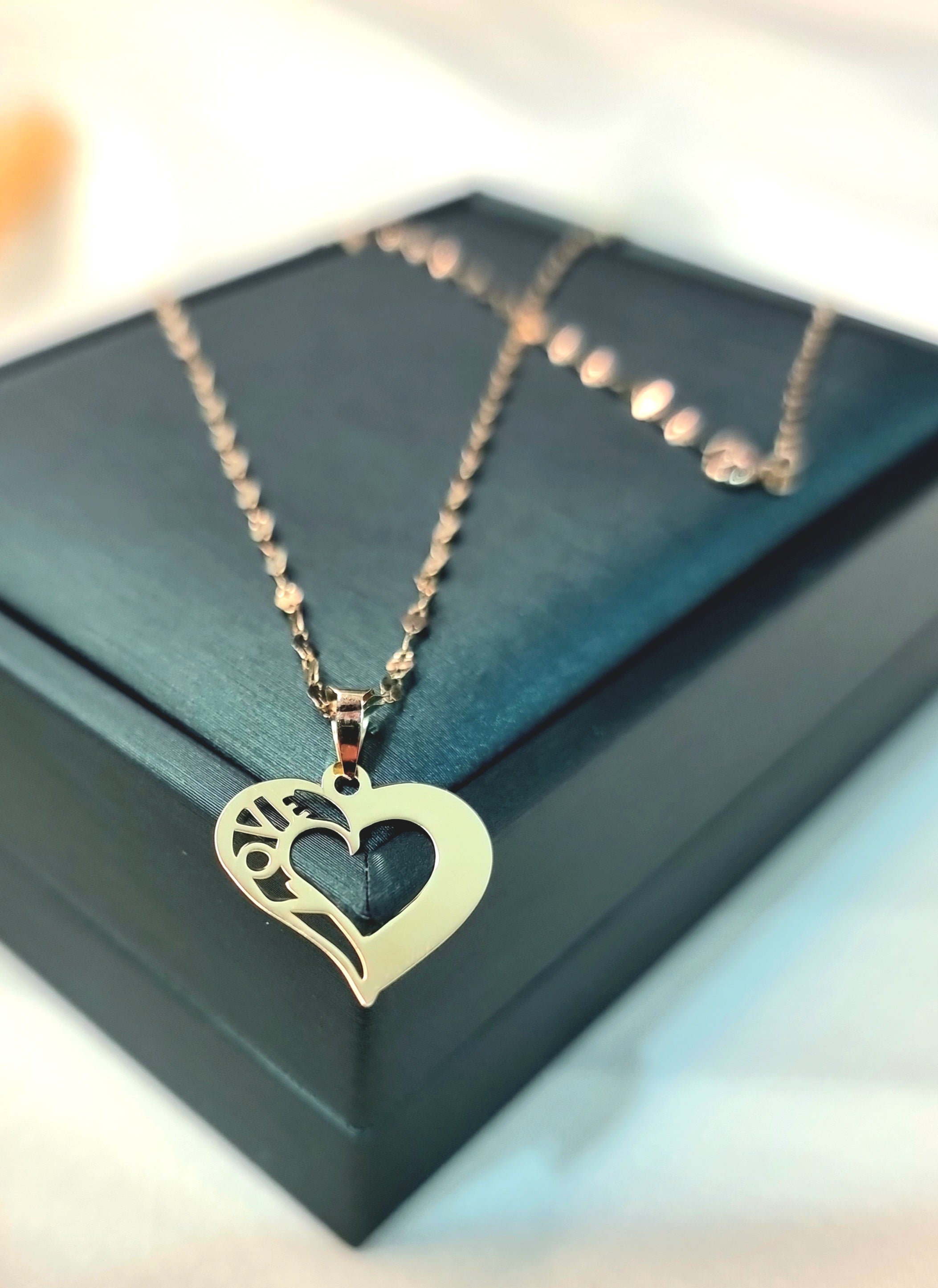 18K Pure Gold Heart w/ Love Design Necklace