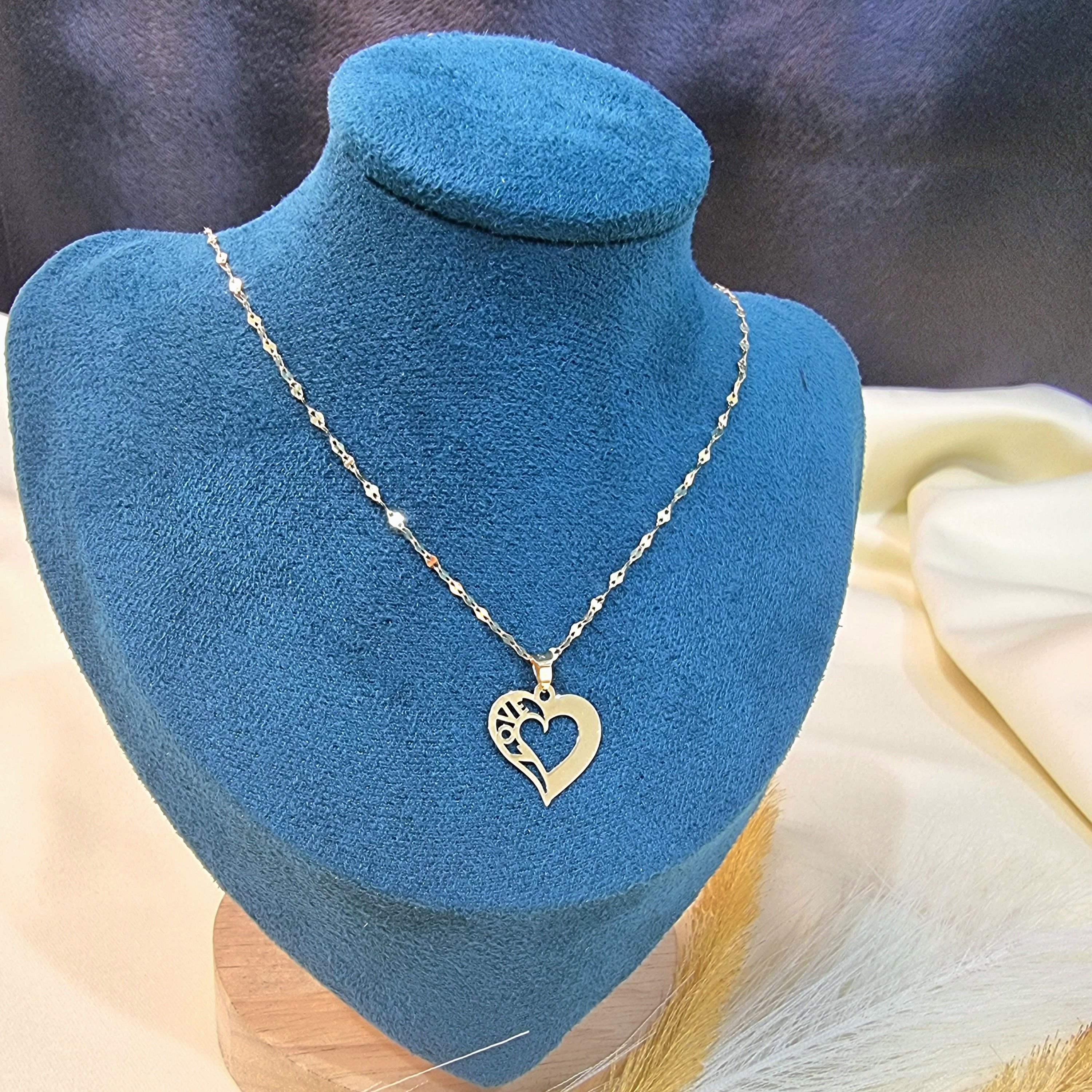 18K Pure Gold Heart w/ Love Design Necklace