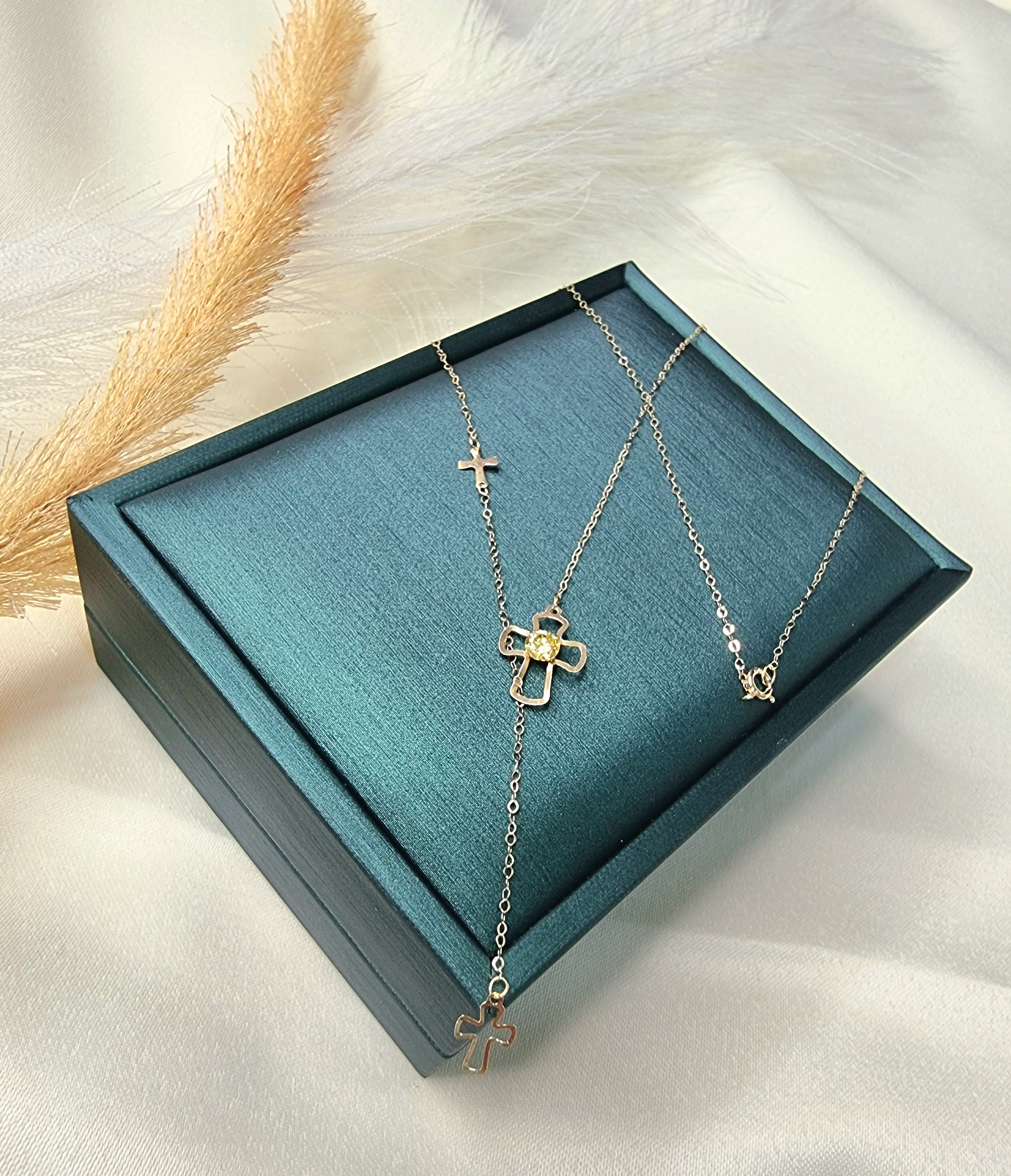 18K Pure Gold Stone Cross Necklace