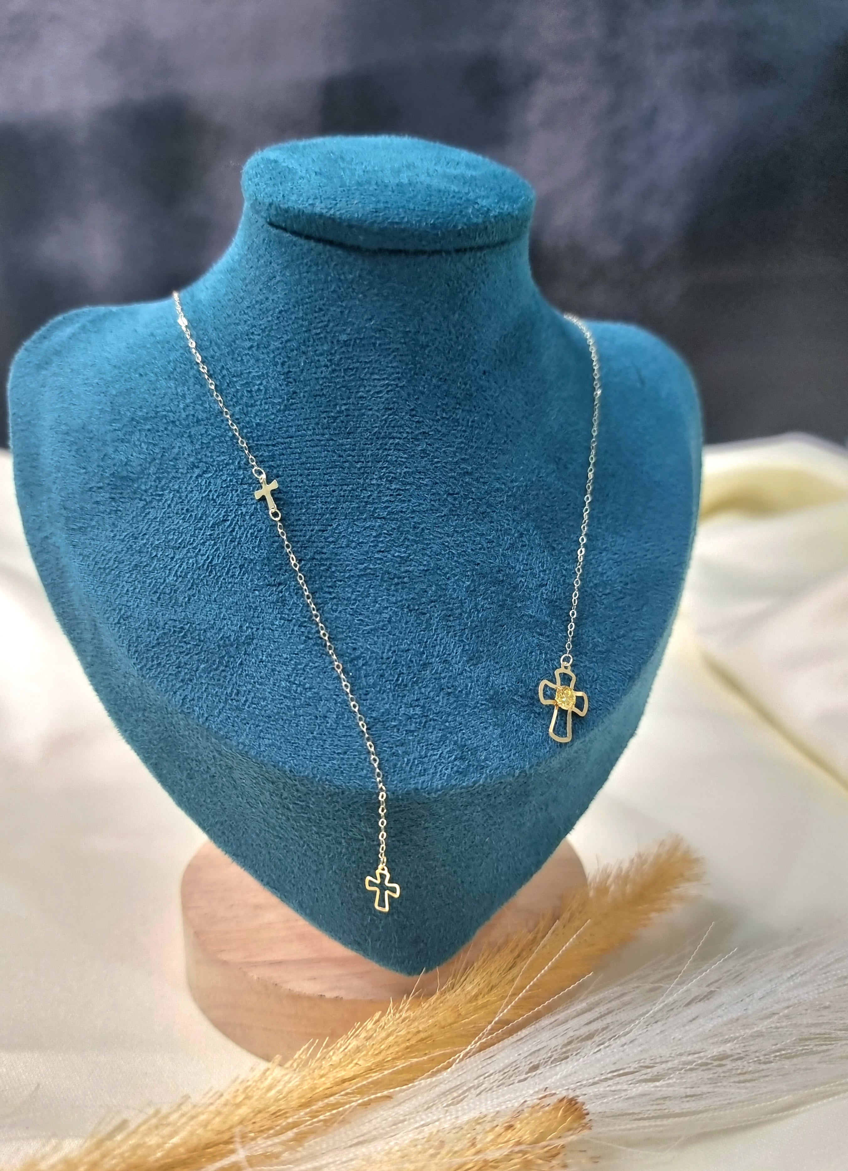 18K Pure Gold Stone Cross Necklace