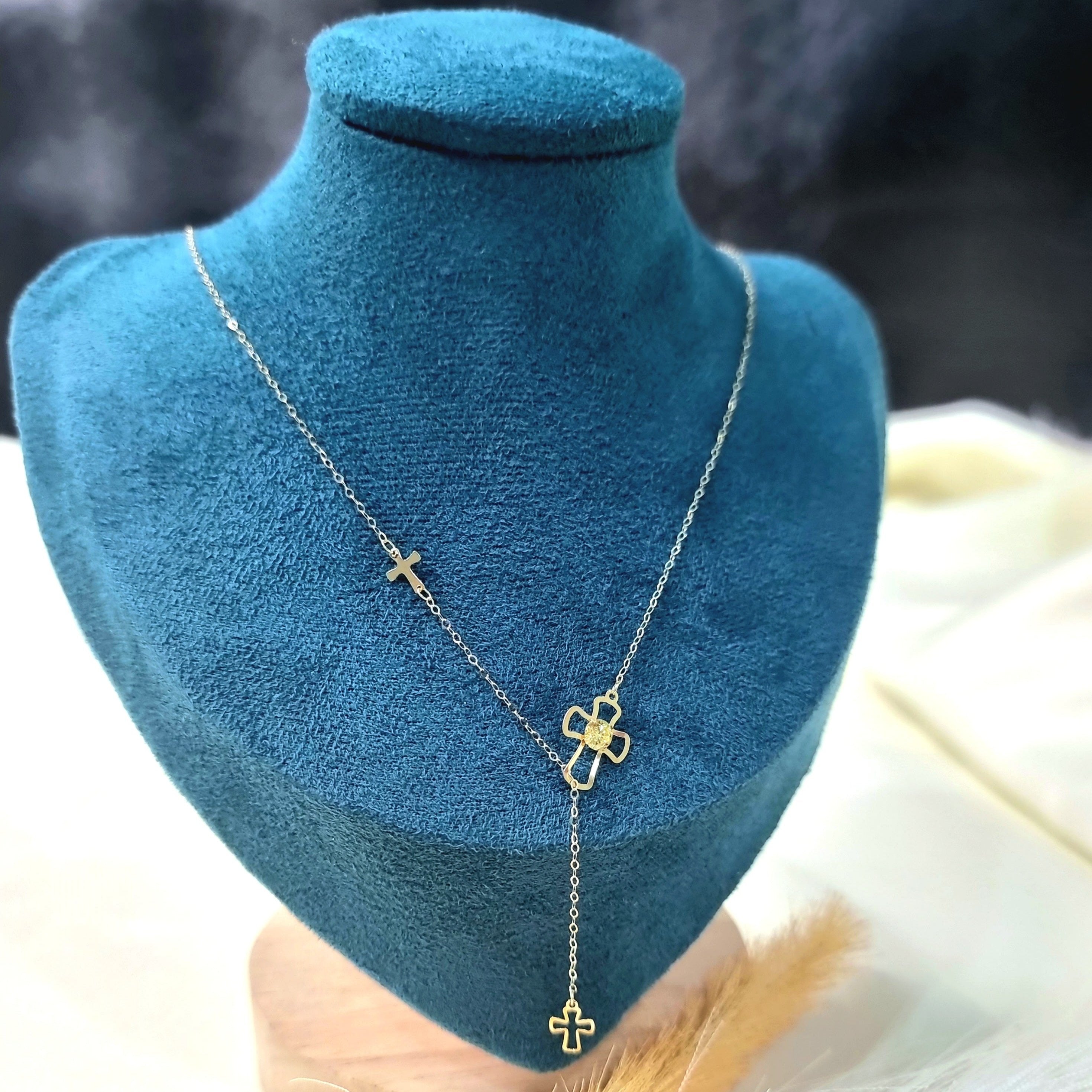 18K Pure Gold Stone Cross Necklace