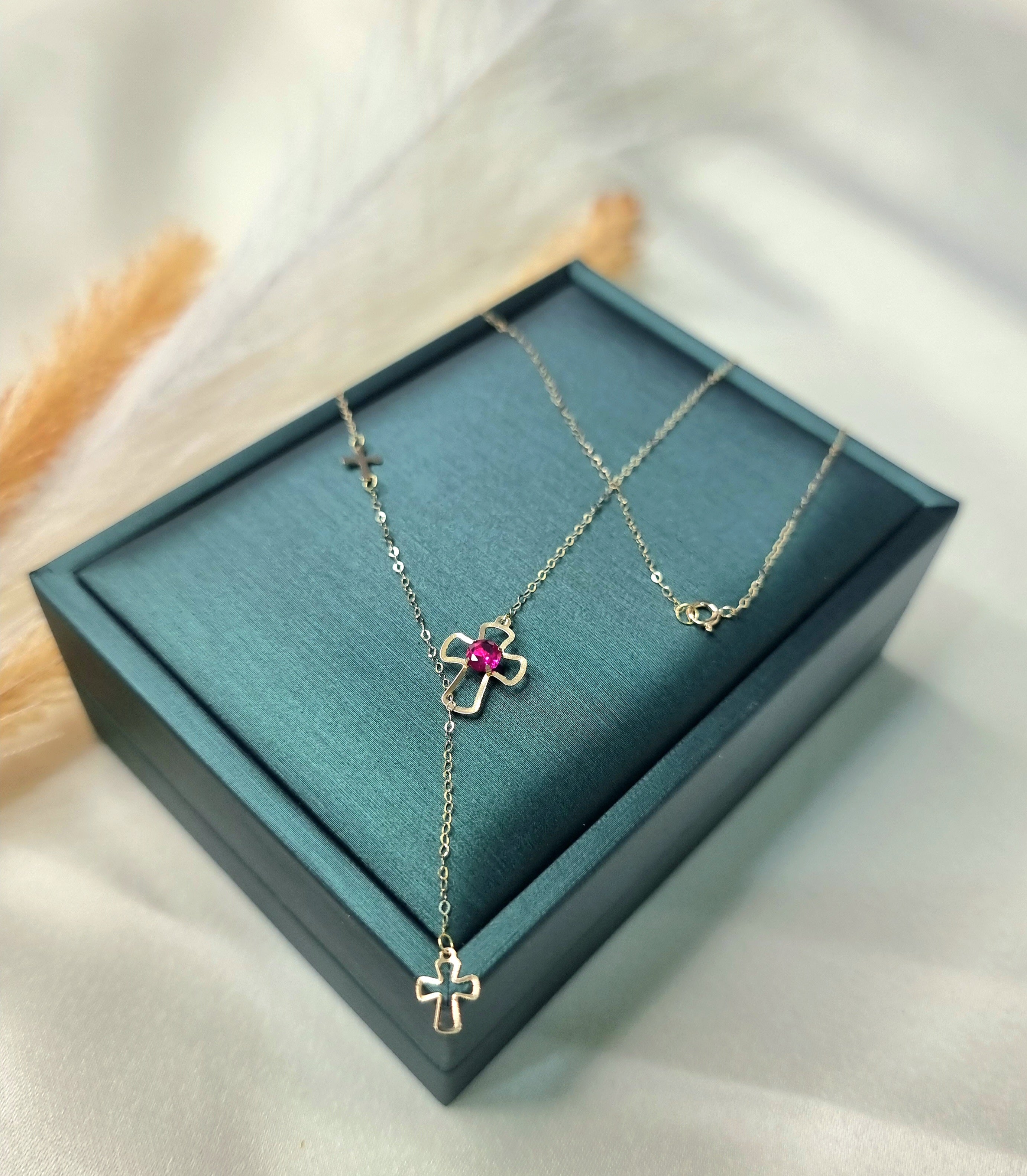 18K Pure Gold Red Stone Cross Necklace